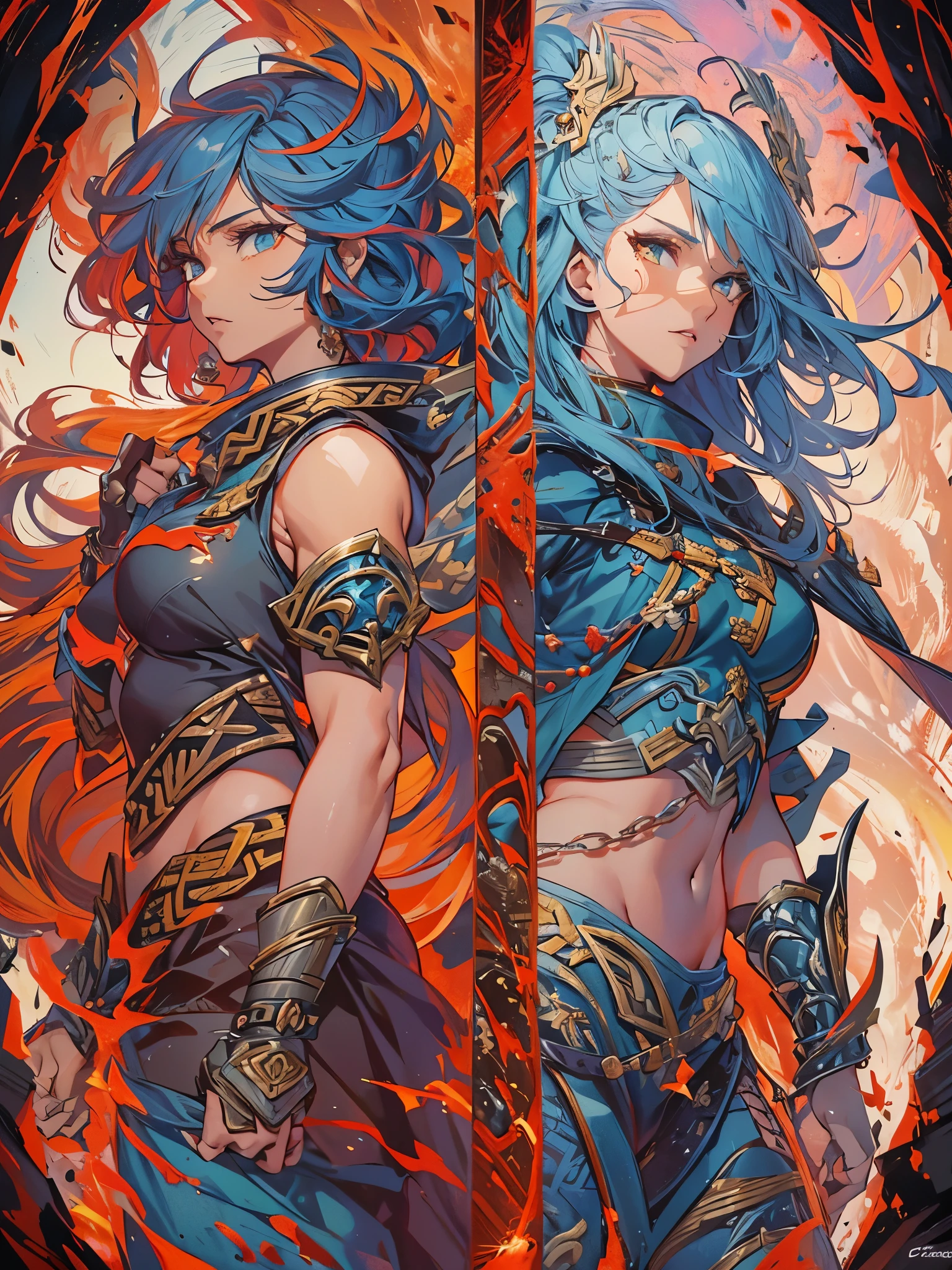 ((highest quality)),(ultra high resolution),(Super detailed),(detailed description),((best CG)),(best work of art),super precision art,amazing drawing art,(Fantasy art with precise details:1.5), ((two female warriors:1.8)),dynamic pose:1.5, (red short hair female warrior:1.5),(A strong and beautiful face:1.3), (female warrior with long blue hair:1.5), ((Dynamic combination technique:1.8)),explosive flame,diffusion,impact