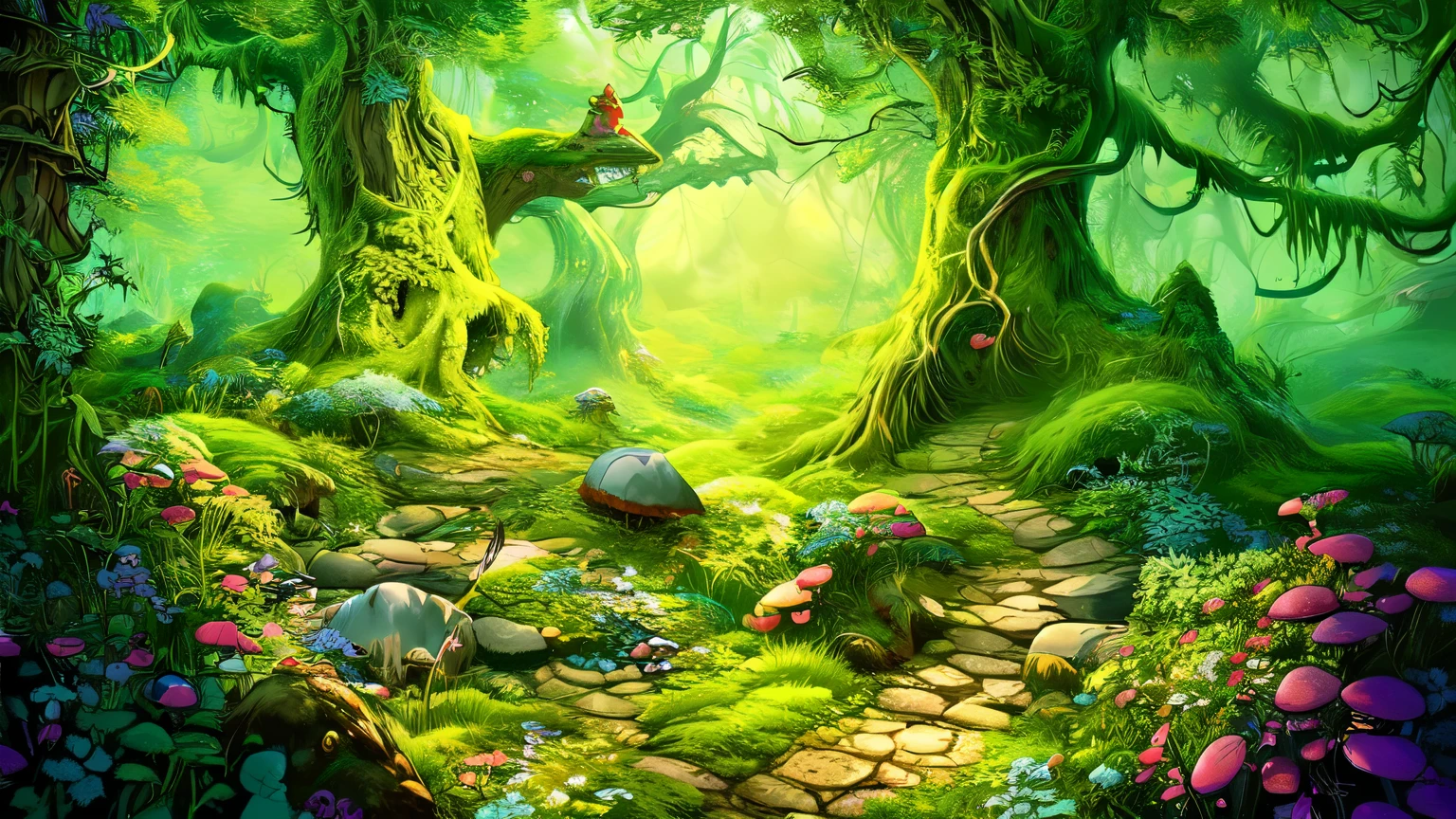 bright, (((cartoon style))), a beautiful fairytale forest, forest paths, green trees, green vegetation, mushrooms, stones, grass, fantastic (background), fantasy art, forest, blue sky, magical landscape, fantasy, no human, illustration for children, fantasy art, masterpiece, detailed, intricate, 4k, art