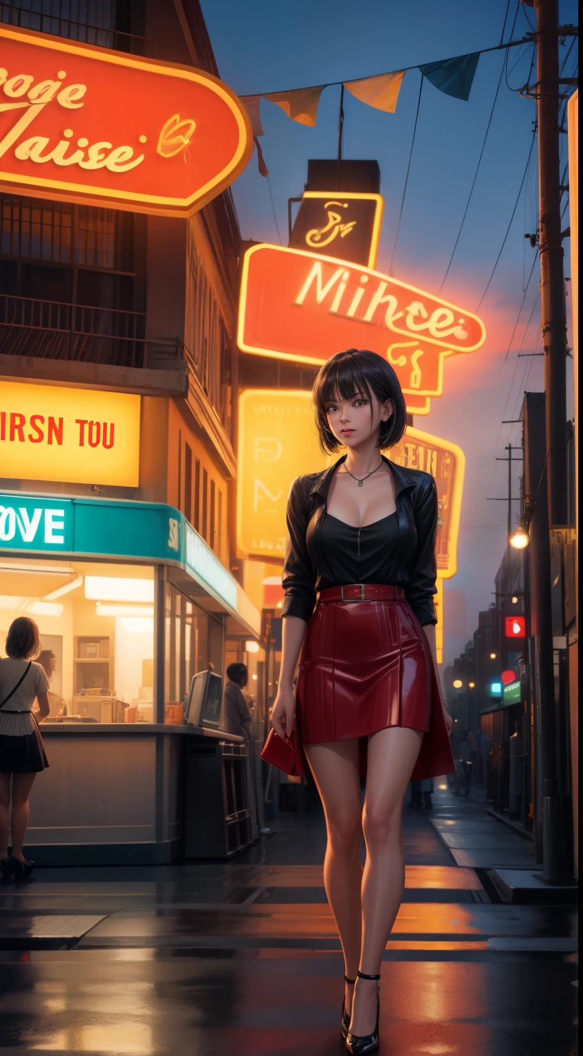 ((masterpiece, highest quality, best image quality, High resolution, realistic, Raw photo, 8K)), Rough motel with cars parked in front々nice view, with neon sign, A woman waiting for customers in front of a motel, lure, Short dress with exposed breasts and high heels, Spread your legs and roll up your skirt, National Route 66, neon sign, 1 9 5 0 S Americana Tourism, some have neon sign, Outside neon, neon advertising, gigantic neon sign, neon shop, At Ernie Swekel, few neon sign, neon sign in background,
