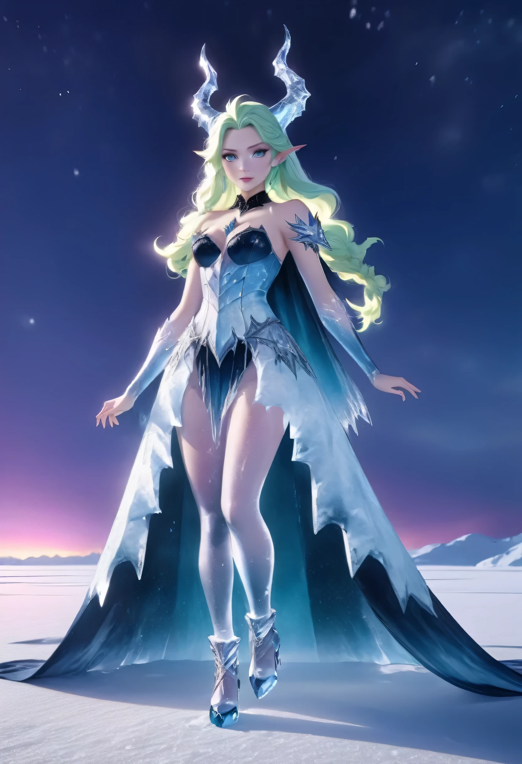 (8k, highest quality, masterpiece: 1.2), (realistic, realistic: 1.37), Super detailed, an ice female demon、Standing in the frozen snow field、Witch wearing pale armor, ((sexy costume:1)), SEXY female devil, ((aurora in the night sky)), 