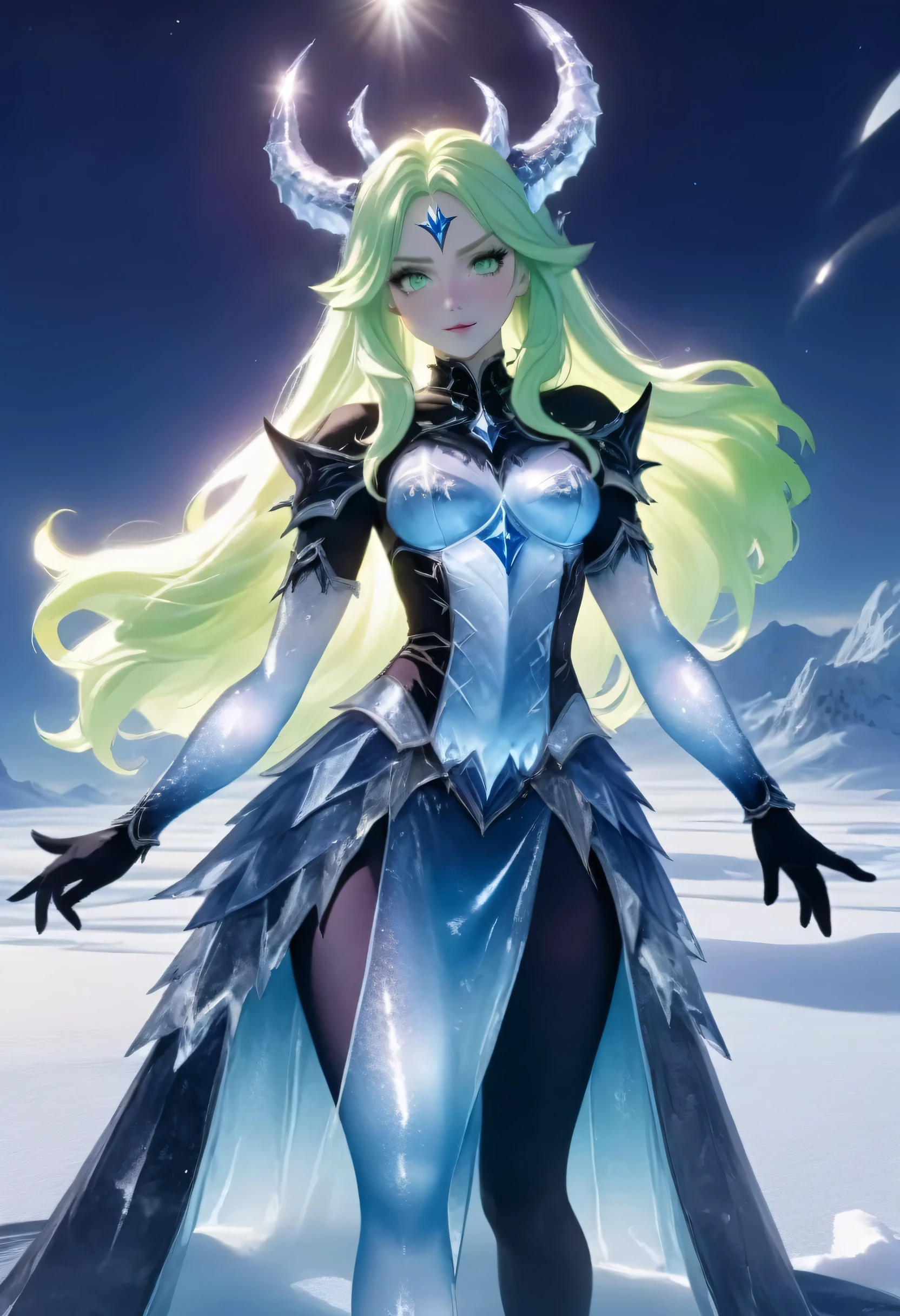 (8k, highest quality, masterpiece: 1.2), (realistic, realistic: 1.37), Super detailed, an ice female demon、Standing in the frozen snow field、Witch wearing pale armor, ((sexy costume:1)), SEXY female devil, ((aurora in the night sky)),