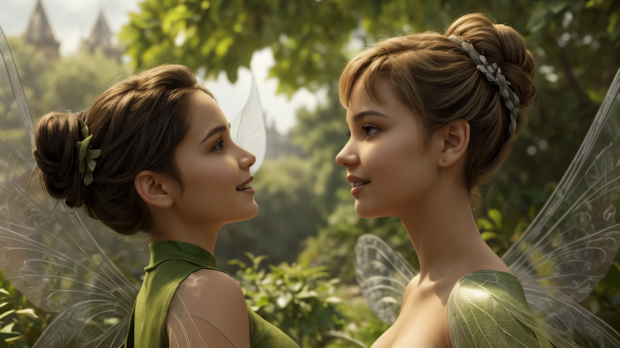 Isabela Merced and friend kissing, (masterpiece:1.4), (best quality:1.2), (photorealistic:1.37), ultra-detailed, highly detailed, 8K, (a realistic life-like picture of Tinkerbell), (wearing a green dress made out of large leaves), (transparent fairy wings:1.1), (hair in a single bun on top of her head:1.2), (tidy hair), (pretty face:1.2), (very large breasts:1.4), (white skin:1.2), (((pixie wings on her back on both sides))), in a scary castle, smiling with a closed mouth