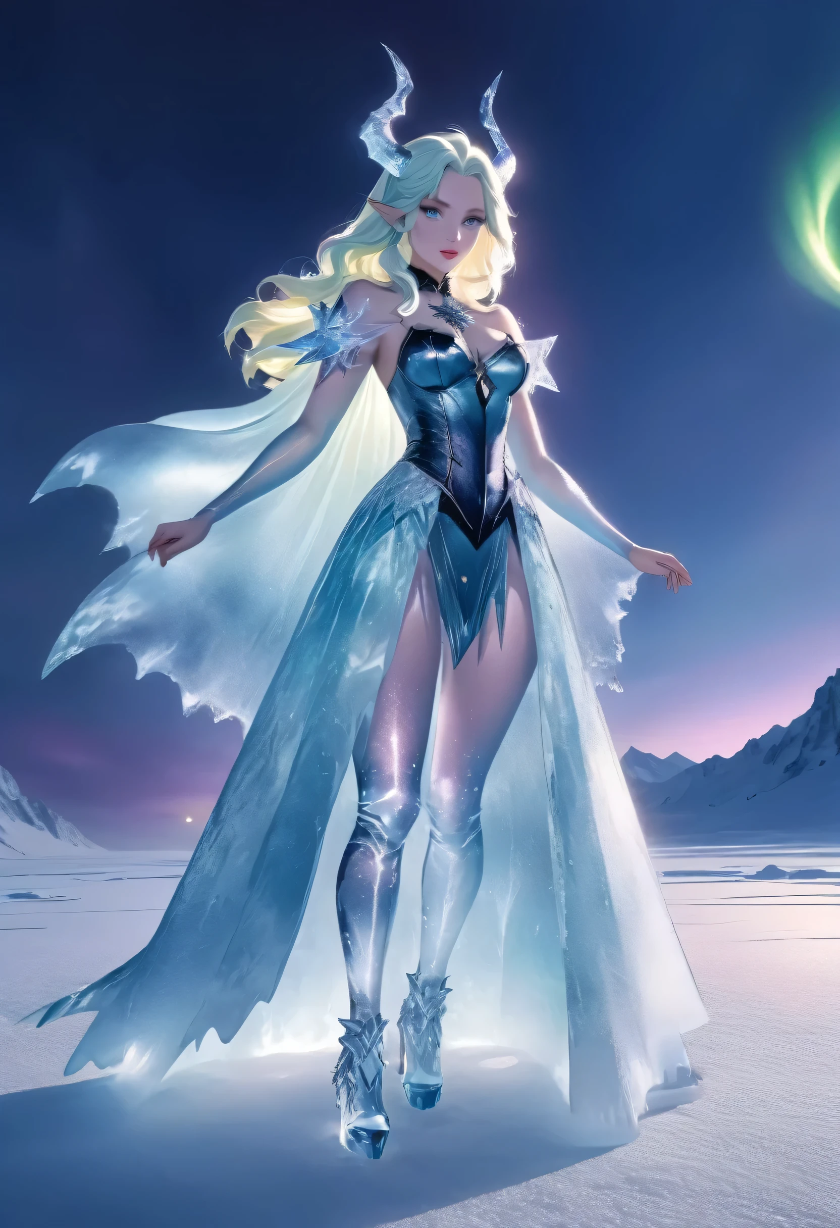 (8k, highest quality, masterpiece: 1.2), (realistic, realistic: 1.37), Super detailed, an ice female demon、Standing in the frozen snow field、Witch wearing pale armor, ((sexy costume:1)), SEXY female devil, ((aurora in the night sky)),