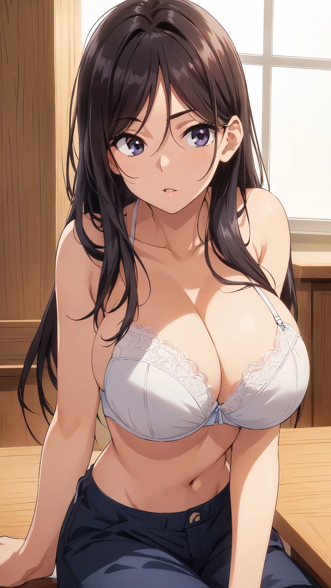 (masterpiece:1.5),anime character,very accurate details,ultra high resolution,Highly detailed CG Unity 8K wallpaper,(realistic,Photoreal,超realistic:1.5),(curve,model,color care:1.5),beautiful breasts,color_aberration,beautiful detailed shadows,beautiful eyes,beautiful body,beautiful skin,beautiful hands,(huge breasts:1.4),(aesthetic anime eyes:1.4), (white bra:1.4,(blue short pants:1.2),(white bra:1.4),(Exquisite fabric,Ren Hao,lace trim bra:1.4),seductive thighs,(black haired,long straight hair:1.4),(sit on the desk:1.4),focus on the chest,Attractive anime girl with big breasts, Attractive anime girl with a flirtatious smile, classroom with windows, captivating anime high school student, (Tea color color Eye:1.3),緻密でbeautiful eyes, beautiful detailed lips,, curve beauty, magic lighting, in a provocative pose, (white bra:1.4),