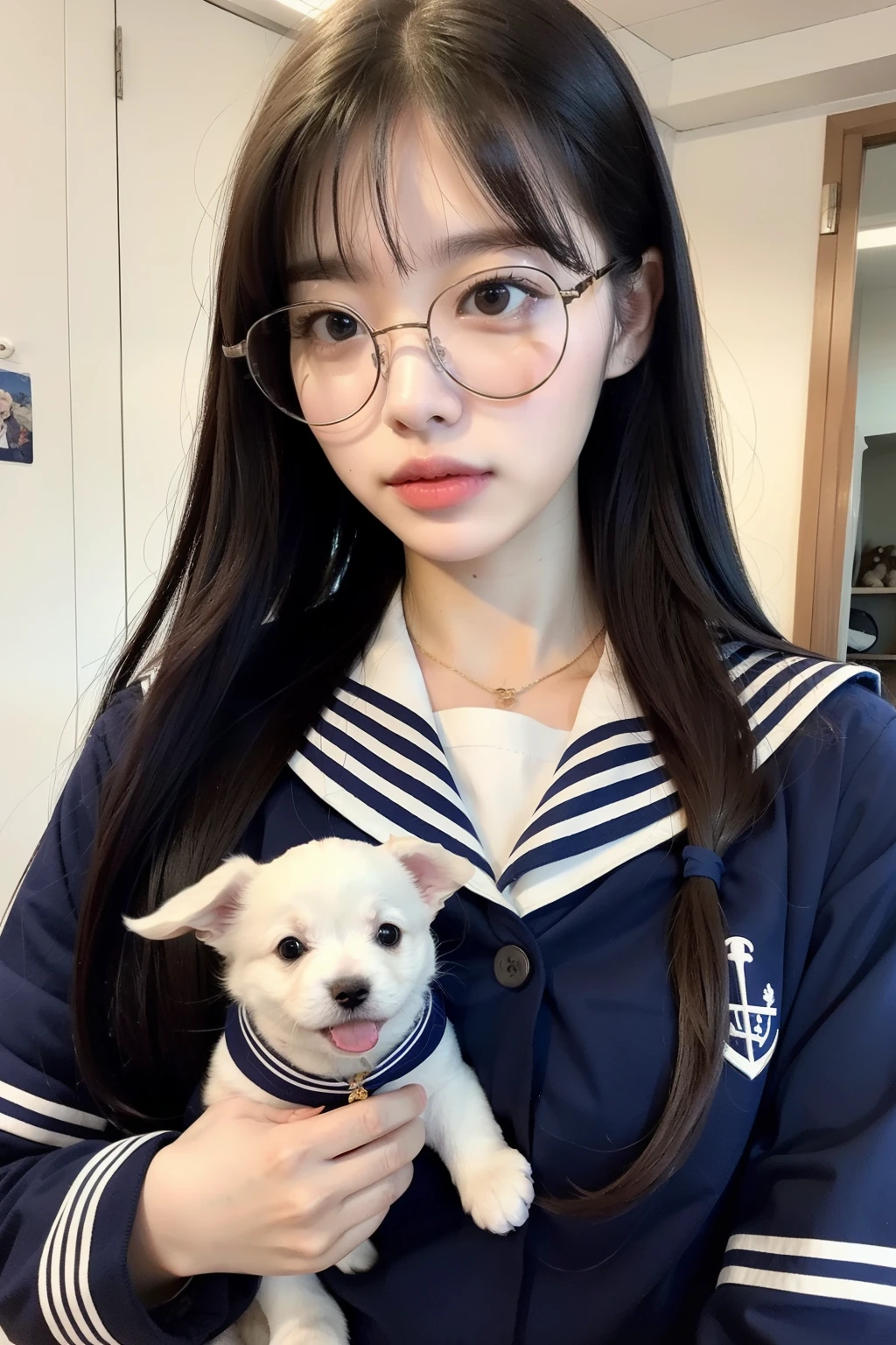 Long-haired girls,wearing glasses,Wearing a sailor suit and holding a puppy