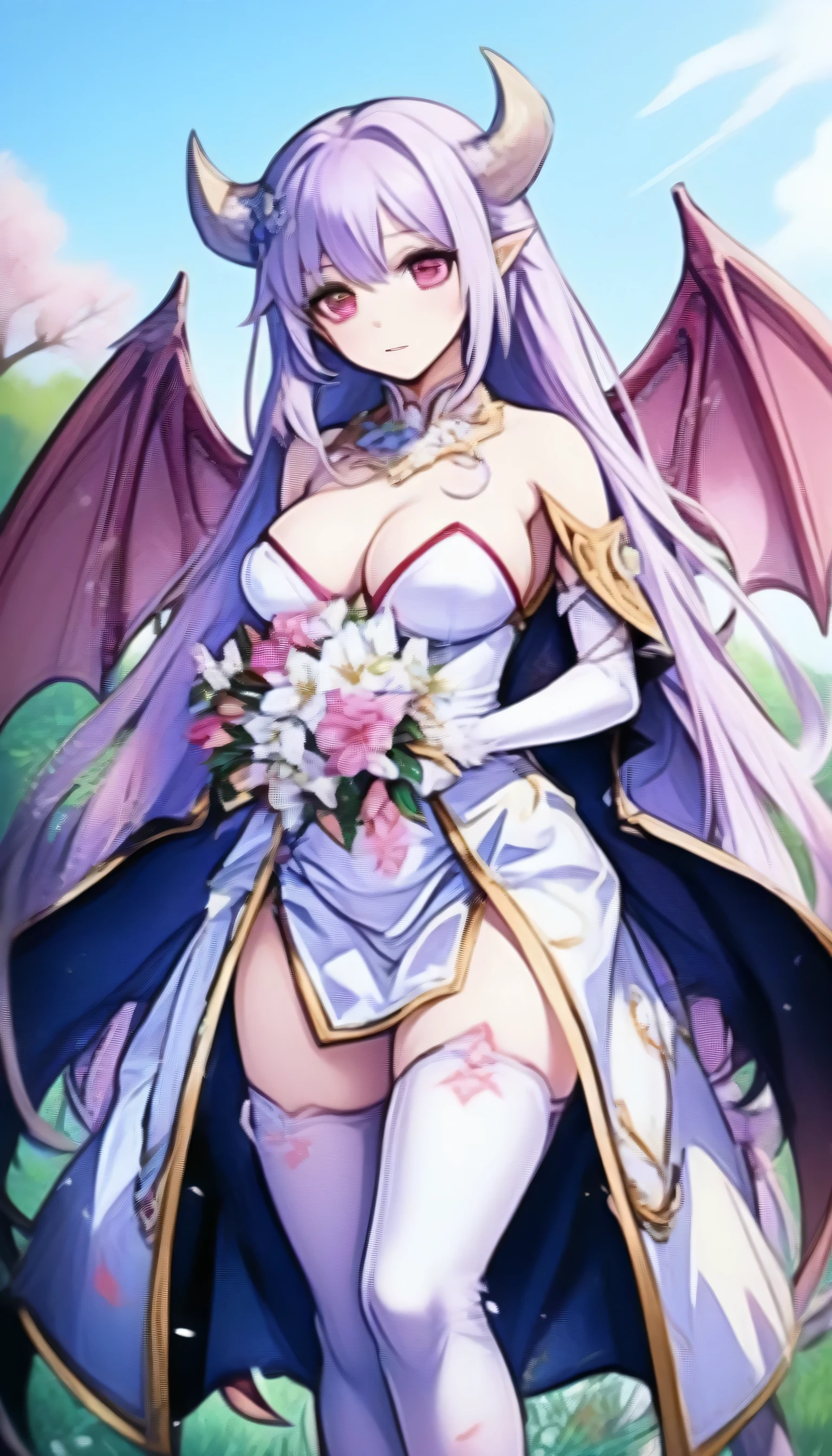 ((best quality)), ((masterpiece)), (detailed:1.2), perfect face,1girl, anime girl, white dress, long dress, stand up, beautiful girl,anime succubus, beautiful succubus, wings, demon wings,tail, pink tail, succubus with long dress, white dress, white skirt,white hair,(hair:1.2), red right eye, blue left eye,stand up, looking at viewer, cute,cute demon girls,very cute succubus,Stand in front of the Cherry blossom,bring a bouquet of flowers, wedding bouquets, white flowers,tails seductive,white stocking,open tail, super detailed,natural colorful,flower crown, crown on head, flower crown on head, natural, tail in front