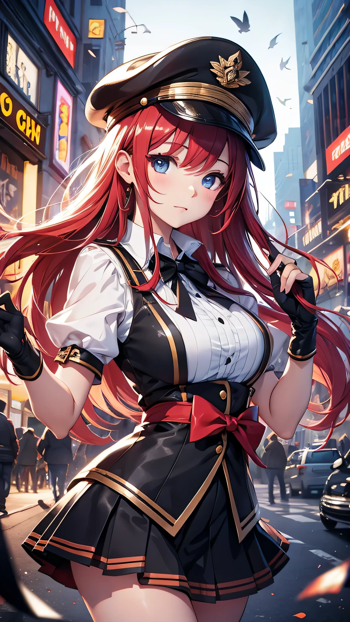 最high quality、best image quality、masterpiece、girl((18-year-old、 By becoming、vest bust、medium bust,wide open breast tea、shining eyes, glowing red hair、long hair、thin,highest valley、、black sailor suit、short skirt、Wristband、black gloves、hat)),high quality、beautiful art、background((exhilarating city))、Flight、debris flies、Depth of written boundary、movie、visual art、perfect art、8K,genuine、