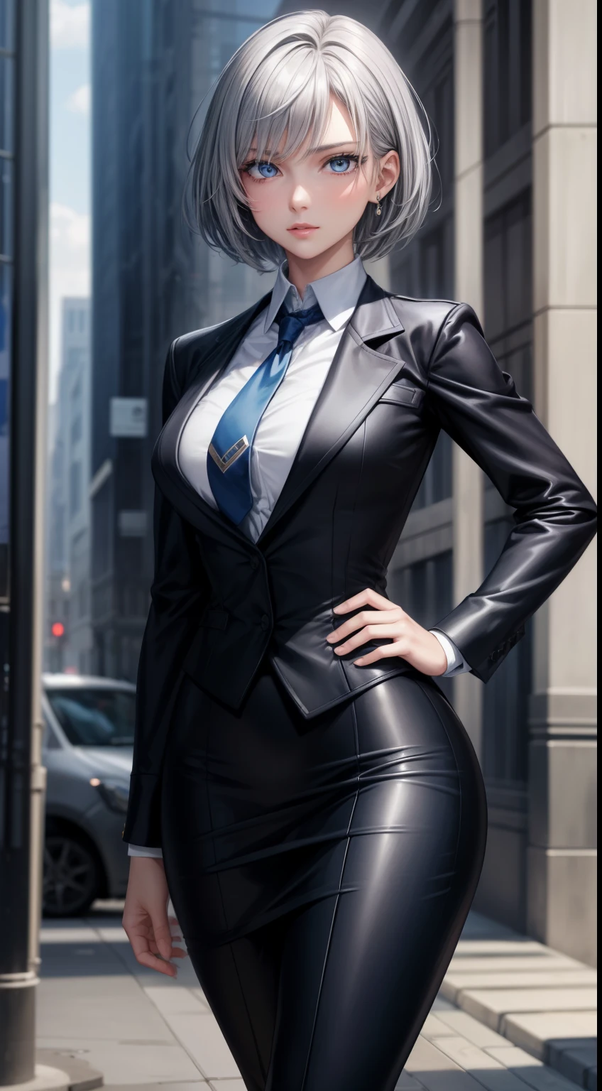 masterpiece, highest quality, high resolution, 1 girl, gray hair, short hair, blue eyes, medium breasts, OL, tie, black suit, pencil skirt, put your hands on your hips, outdoor,Idol Master,,anastasia,Knee-high boots,pants suit
