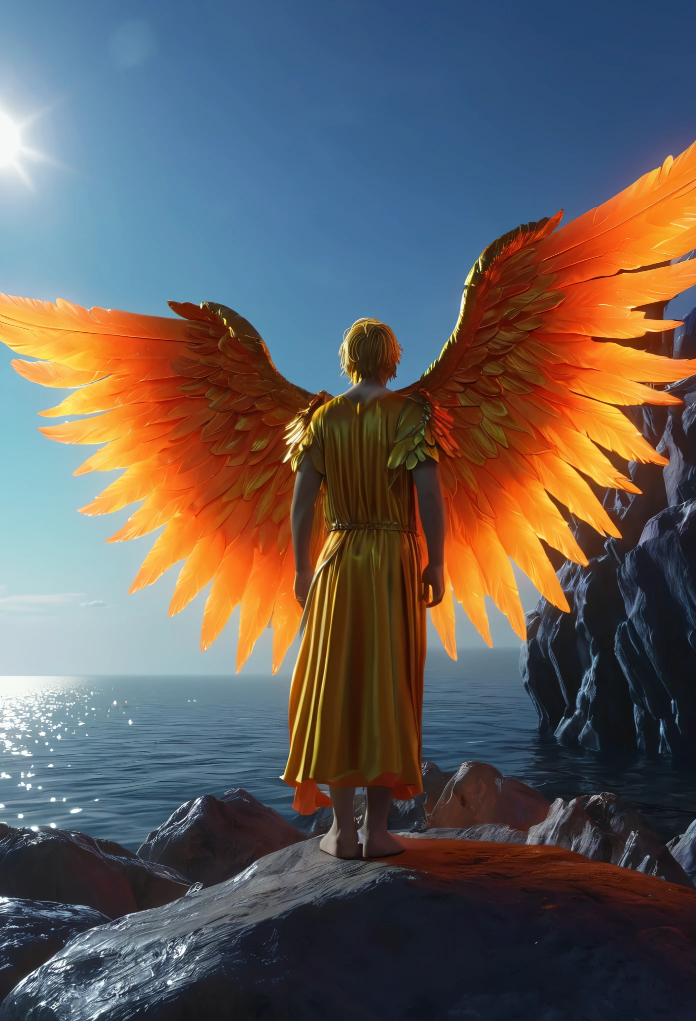((Best quality)), ((Meisterwerk)), (detailliert), perfektes Gesicht((Best quality)), ((Meisterwerk)), (detailliert), perfektes Gesicht, leuchtenden Farben, Neon Farben, A male angel stands on a crystalline rock and looks out to sea, der Nachthimmel ist von Final Fantasy 7, der Engel hat eine goldene Robe, The angel has large orange-red angel wings , klares Bild, 8K resolution, Wings are on the back
