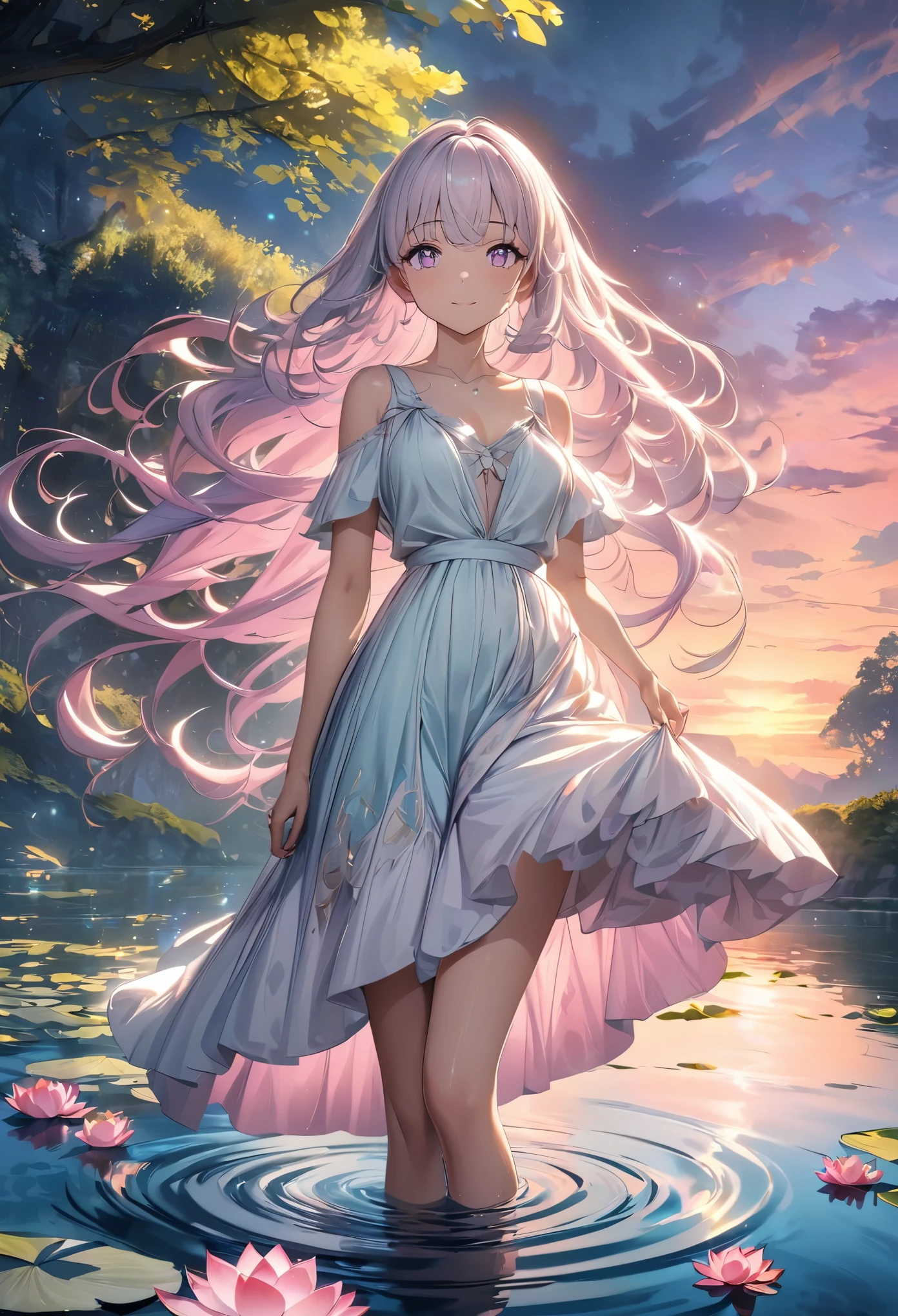 (best quality,4k,8k,highres,masterpiece:1.2),ultra-detailed,anime style,goddess of the lake,beautifully illustrated scene,serene lake at dusk,colorful sunset,peaceful atmosphere,sunlight filtering through the trees,rippling water surface,ethereal beauty,lotus flowers blooming,gentle breeze rustling the leaves,soft reflections on the water,glowing fireflies dancing in the air,sparkling water droplets in the air,tranquil and secluded setting,soft pastel colors,subtle hues of pink and purple,captivating light and shadow play,dreamlike and enchanting,picturesque landscape,meticulous attention to detail,anime-inspired facial features,expressive and captivating eyes,delicate and graceful gestures,fairy-like presence,surreal and otherworldly ambiance