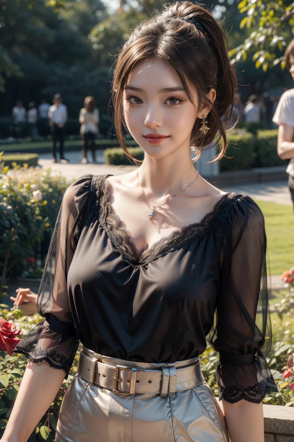 (best quality, 8k,32k,masterpiece, UHD:1.2),extremely detailed CG unity 8k wallpaper,intricate details,Raw photo,(photorealistic:1.4),atmosphere,ultra high res,Realistic,Real,Huge_filesize,incredibly absurdres,(centered:1.3),Ultra illustration,(ultra-detailed),cinematic lighting,various colors,depth of field,art by krenz cushart,golden hour lighting,taken by Canon EOS,SIGMA Art Lens 35mm F1.4,ISO 200 Shutter Speed 2000,blurry background,
BREAK,
1girl,(smile:1.3),slim body,(ponytail:1.4),solo,20-year-old Japanese beautiful woman,(rose garden, blue lace blouse:1.6),(light brown hair:1.5),((brown eyes)),Large breasts,chest, Soft white skin that shines with every detail,pale skin,Very beautiful face,Very well-formed face,Natural and realistic face,Best,beautiful detailed eyes,striking eyes,Eyes drawn in detail, smile with your mouth closed,Detailed mouth,Detailed lips,shiny beautiful lips,Glossy lips,simple earrings,necklace,jewelry, solo focus,low neckline,
BREAK,
Back lighting,kool,Standing,
BREAK,
(Dutch angle:1.4),cowboy shot,looking at viewer,
BREAK,tzuyu,yui aragaki,