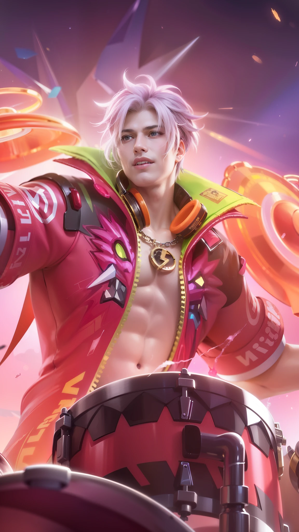 a man with a pink jacket and a drum in his hand, masculine male, masterpiece, ((perfect eyes)) best quality, (semirealism:1.9), beautiful lighting, (extremely detailed CG unity 4k fhd wallpaper), High Detail, Sharp focus, dramatic outdoors, 30 years old, pink short hair, blue eyes, smile