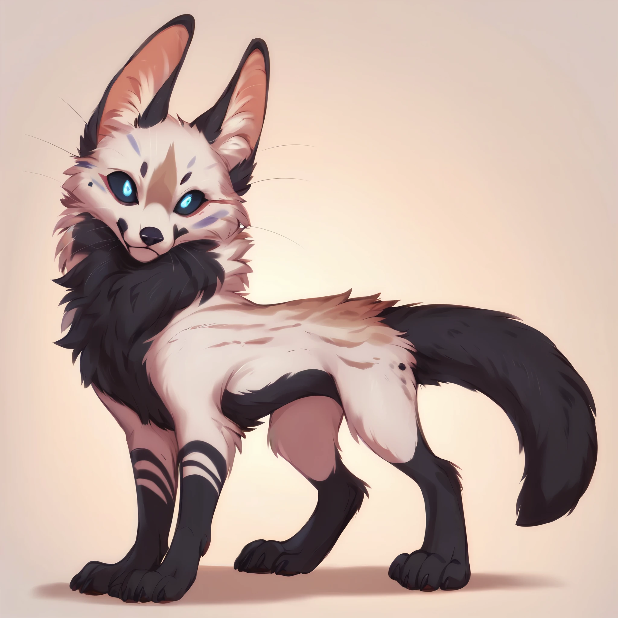 score_9, score_8_up, score_7_up, score_6_up, score_5_up, score_4_up, show accurate, full body, simple background, solo, feral chupacabra, female chupacabra, teenage chupacabra, adorable face, standing on all fours, black sclera, sapphire blue eyes, bright eyes, playful look, overflowing emotion, white body fur, white face fur, white chest fur, black tail fur, black legs fur, 