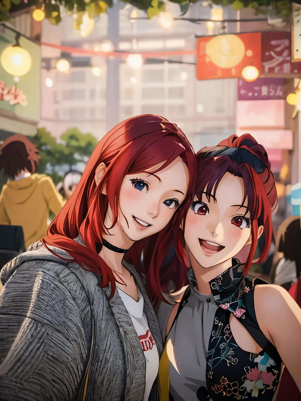 2d anime, 2 girls, Miyazaki's drawing, The girl on the left has red hair, the girl on the right has black and red