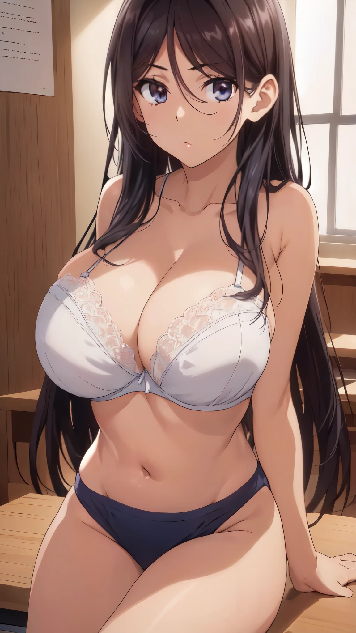 (masterpiece:1.5),anime character,very accurate details,ultra high resolution,Highly detailed CG Unity 8K wallpaper,(realistic,Photoreal,超realistic:1.5),(curve,model,color care:1.5),beautiful breasts,color_aberration,beautiful detailed shadows,beautiful eyes,beautiful body,beautiful skin,beautiful hands,(huge breasts:1.4),(aesthetic anime eyes:1.4), (white lace bra:1.4,(blue bloomers:1.2),(white bra:1.4),(Exquisite fabric,Ren Hao,lace trim bra:1.4),(spread legs:1.3),seductive thighs,(black haired,long straight hair:1.4),(sit on the desk:1.4),focus on the chest,Attractive anime girl with big breasts, Attractive anime girl with a flirtatious smile, classroom with windows, captivating anime high school student, (茶colorの目:1.4),緻密でbeautiful eyes, beautiful detailed lips,, curve beauty, magic lighting, in a provocative pose, (white bra:1.4),(茶colorの目:1.4),