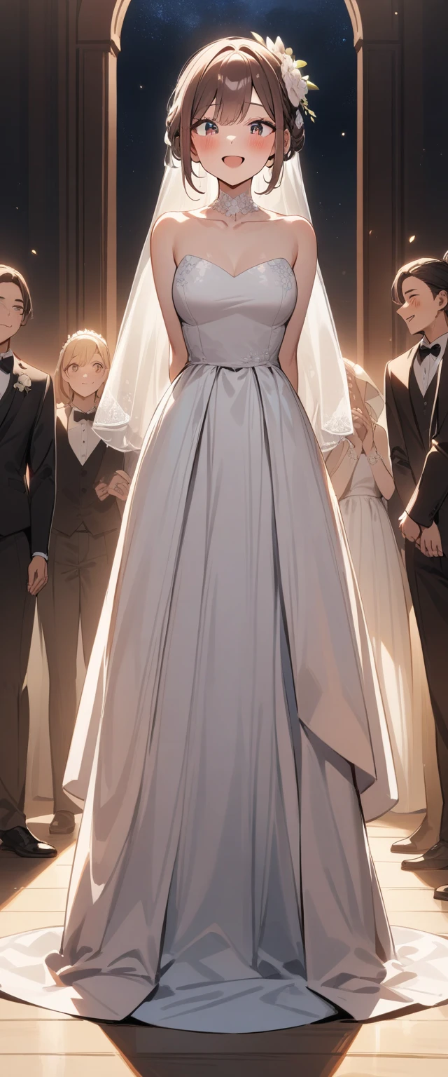 (best quality, HD, masterpiece:1.2,), illustration, night, 1 girl, whole body, (Wedding dress), arms behind back, waiting for kiss, looking at the audience, happy, blush,