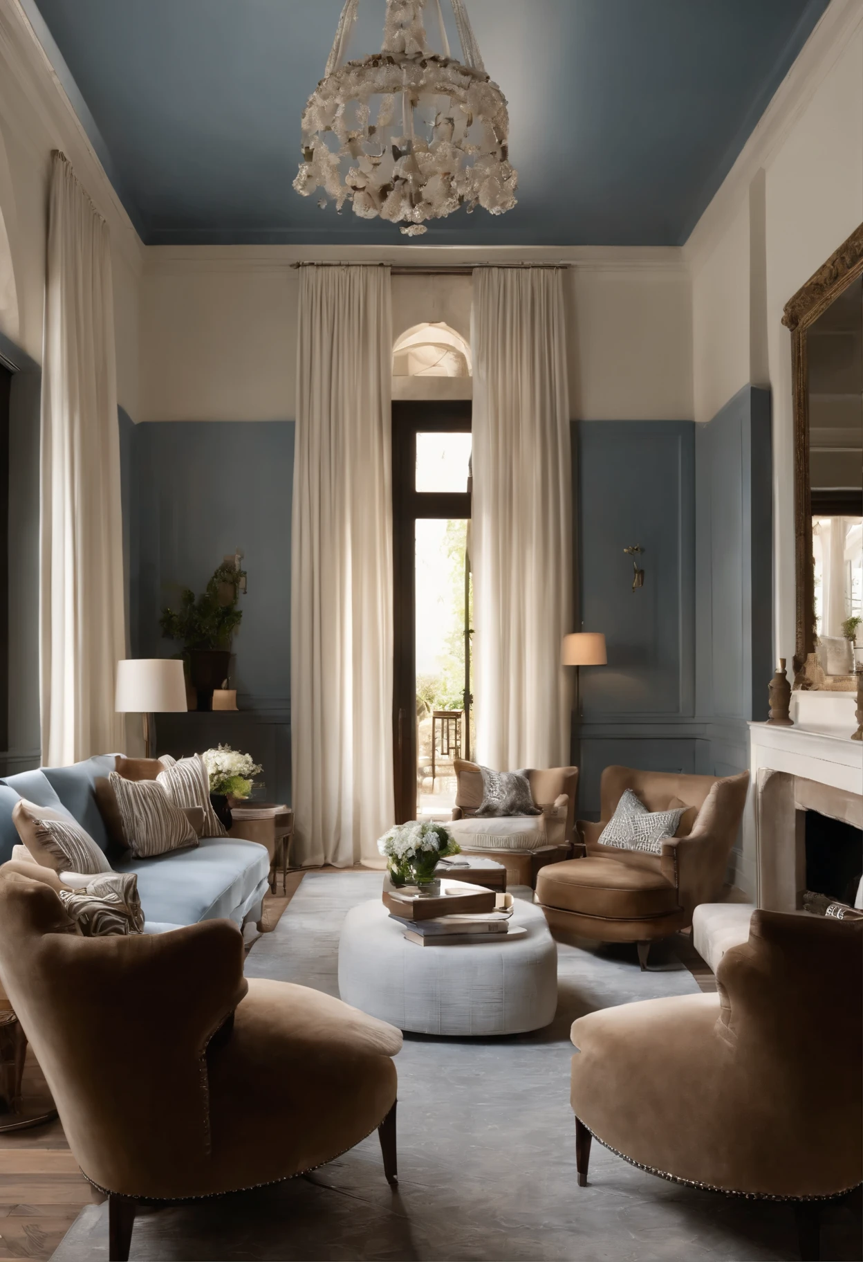 Genera una sala con paredes blancas, gray blue armchairs, with a set of brown and white furniture. Adicional, las ventanas de un amplio medio y con cortinas de zebra dim out en tono crema