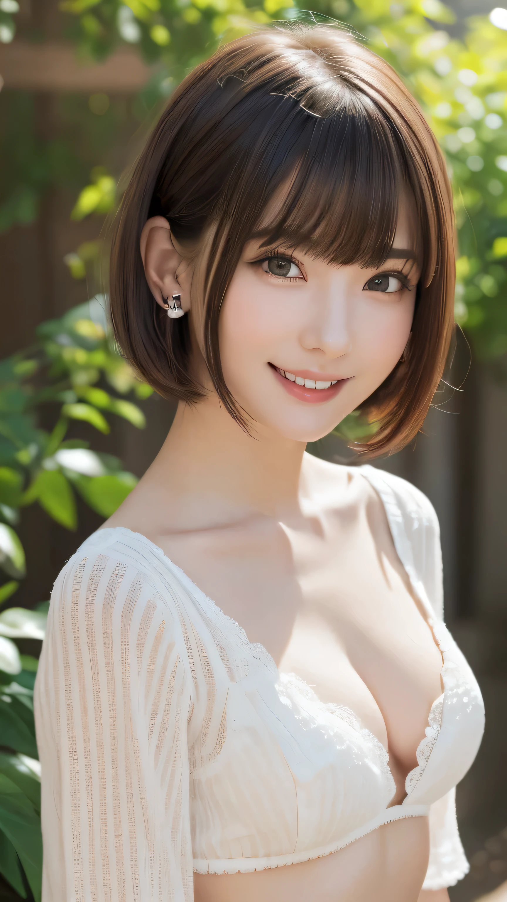 (table top, highest quality、ultra high resolution、face focus focus、focus on the sides、navel focus、decolletage focus、very attractive beauty、Add intense highlights to your eyes、look closely at the camera:1.4、Absolutely beautiful bangs:1.4、Brunette short bob hair with bangs:1.4),1 girl, Report, black haired, realistic, looking at the viewer, pale black eyes, short hair, lips, lip gloss, Upper body、Big eyes、eyelash)、((italian natural background、hyper real stick:1.4))、((short hair with bangs:1.4、Beautiful bangs with 46 points:1.4、{Huge|big|huge|mega} chest:2, cleavage:2、Big eyes、Give your students very powerful highlights、very bigger chest、look at the audience、very beautiful beauty、show me your ears、beautiful long neck、beautiful decollete、smile、A smilee beautiful teeth、Open your mouth and smilee))、18-year-old、very cute super model、perfect anatomy、light yellow background:1.8、Hold your hands horizontally in front of your face