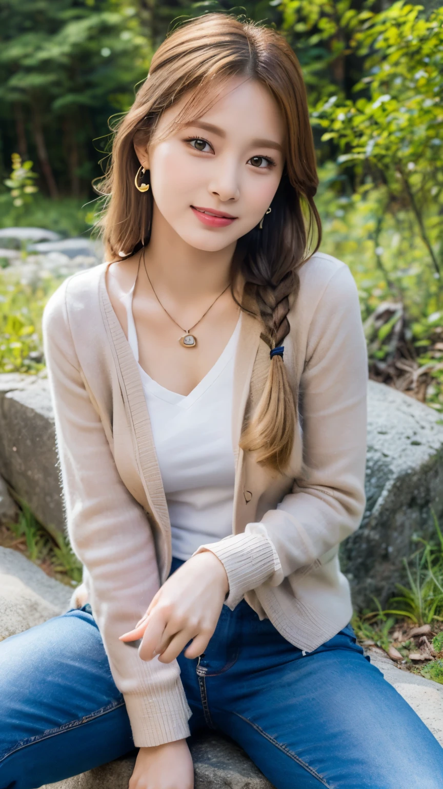 ((High-definition images, masterpiece, atmospheric perspective, 8K, Super detailed, Accurate, highest quality, single shot)), (casual style), Jacket, unbuttoned shirt, swollen areole, (round face, realistic eye size, droopy eyes, blush, smile), (((stand and spread your legs, ))), (in the forest, Mountain, rock, Narrow River, At night), blonde braid hair, small earrings, thin necklace, (light makeup),