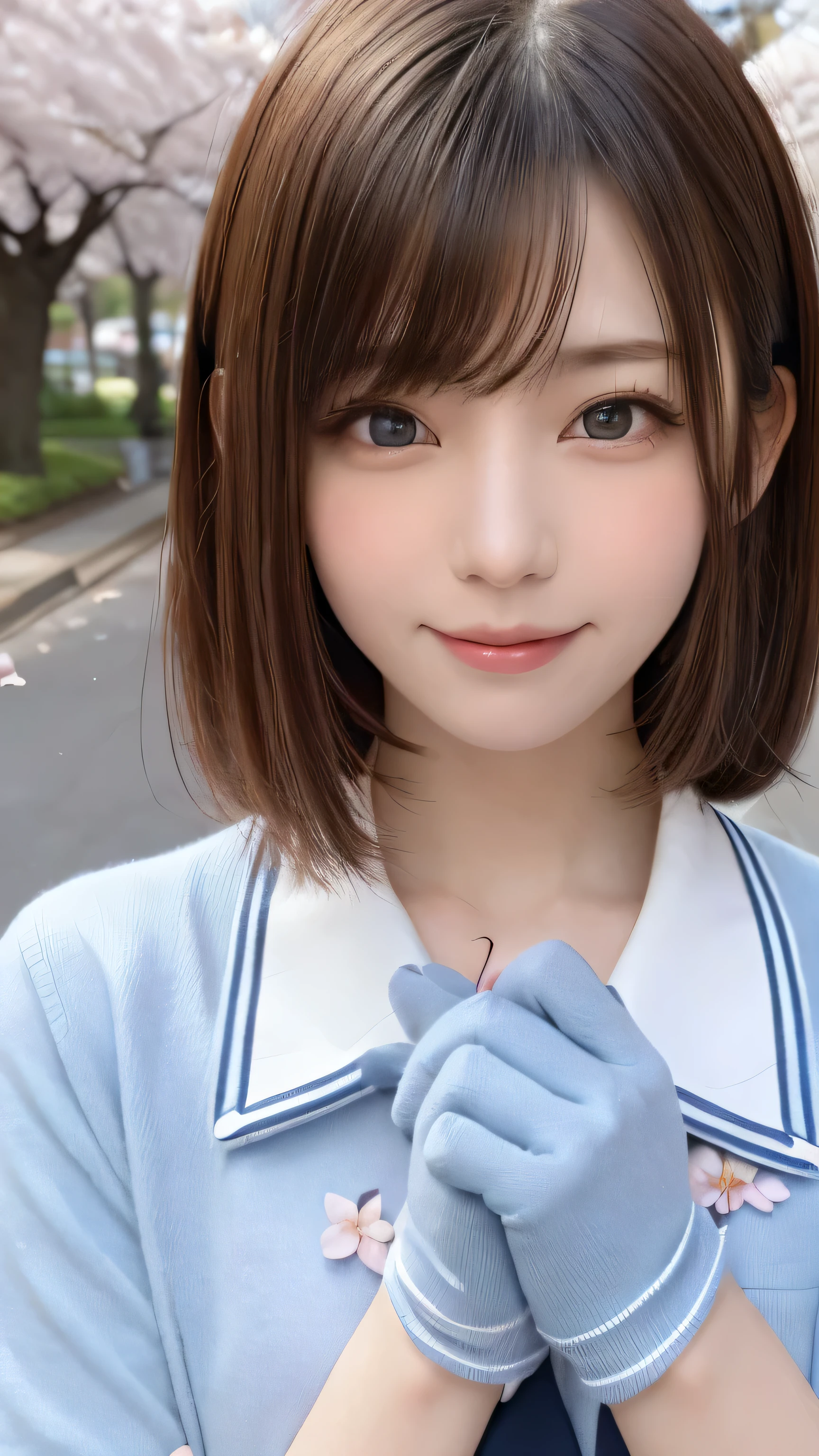 one girl, (a beauty girl, delicate girl:1.3), (18-year-old:1.3),
break, (spring, cute uniform:1.3),
break, (Street view:1.3), (cherry blossoms fall:1.3), (wool gloves), perfectly trimmed fingers,
break, very fine resolution, (symmetrical eyes:1.3),
break, small breasts, brown eyes, parted bangs, brown hair,  girl,
break, (Eye and face details:1.0), (get closer to the face, enlarge the face, face focus:1.0),close up of face,
break, (masterpiece, highest quality, Super detailed, detailed face, 8K),SakuraFubuki,cherry blossom petals,smile,random pose、blue eyes、white gloves,ponytail、SakuraFubuki、gloves、break,dynamic pose,smile、horizontally in front of your face、beautiful hands、correct movement