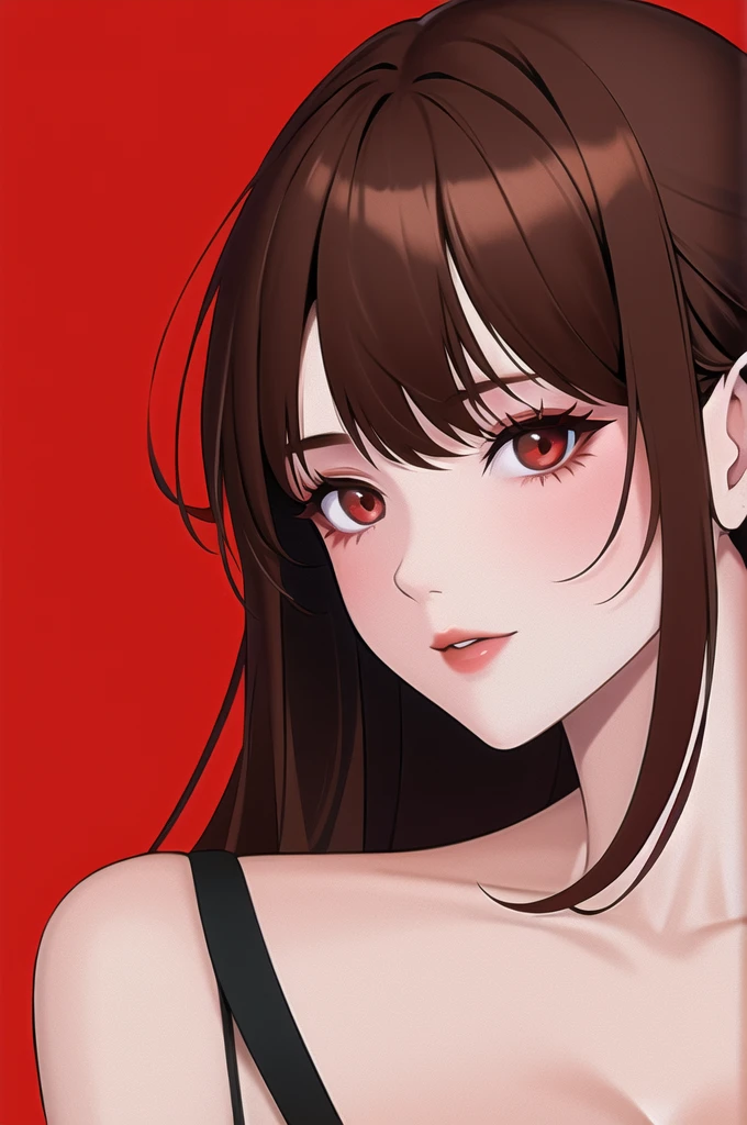1girl, solo,red theme,looking at viewer,large breasts,portrait,from side,bad-girl,((mature female))