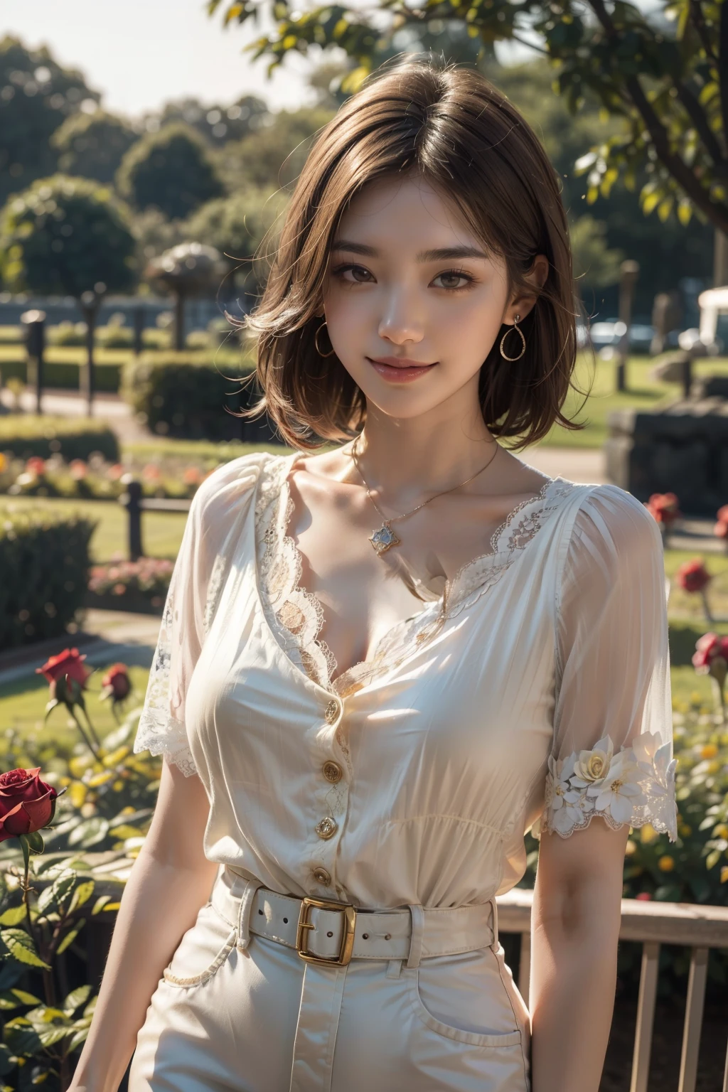 (best quality, 8k,32k,masterpiece, UHD:1.2),extremely detailed CG unity 8k wallpaper,intricate details,Raw photo,(photorealistic:1.4),atmosphere,ultra high res,Realistic,Real,Huge_filesize,incredibly absurdres,(centered:1.3),Ultra illustration,(ultra-detailed),cinematic lighting,various colors,depth of field,art by krenz cushart,golden hour lighting,taken by Canon EOS,SIGMA Art Lens 35mm F1.4,ISO 200 Shutter Speed 2000,blurry background,
BREAK,
1girl,(smile:1.3),slim body,(short hair:1.4),solo,20-year-old Japanese beautiful woman,(rose garden, yellow lace blouse:1.6),(light brown hair:1.5),((brown eyes)),Large breasts,chest, Soft white skin that shines with every detail,pale skin,Very beautiful face,Very well-formed face,Natural and realistic face,Best,beautiful detailed eyes,striking eyes,Eyes drawn in detail, smile with your mouth closed,Detailed mouth,Detailed lips,shiny beautiful lips,Glossy lips,simple earrings,necklace,jewelry, solo focus,low neckline,
BREAK,
Back lighting,kool,Standing,
BREAK,
(Dutch angle:1.4),cowboy shot,looking at viewer,
BREAK,tzuyu,yui aragaki,