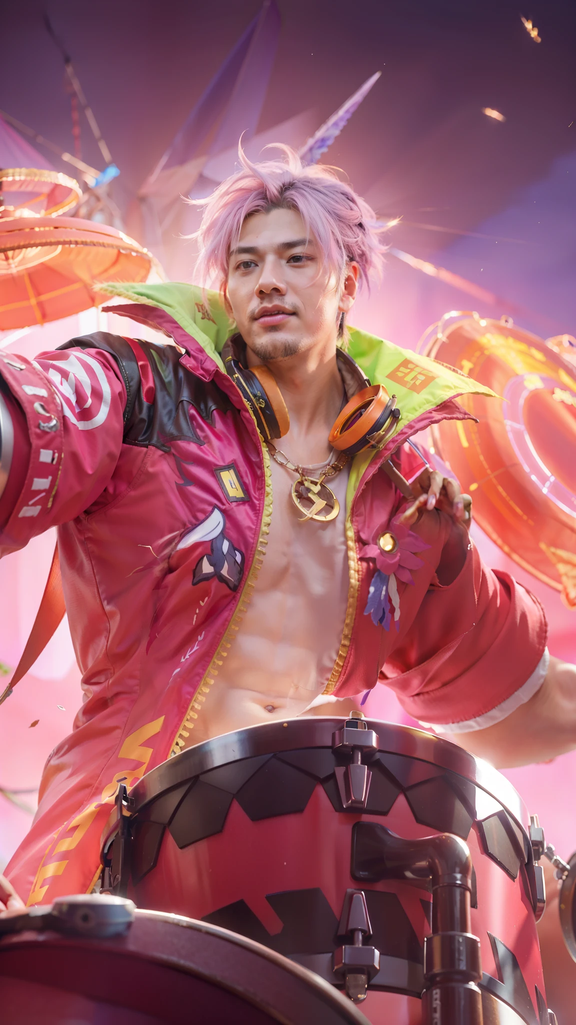 a man with a pink jacket and a drum in his hand, mobile legends, extremely detailed artgerm, sakimichan frank franzzeta, ig model | artgerm, inspired by Huang Shen, zhongli from genshin impact, heise jinyao, inspired by Pu Hua, keqing from genshin impact, rossdraws cartoon vibrant
