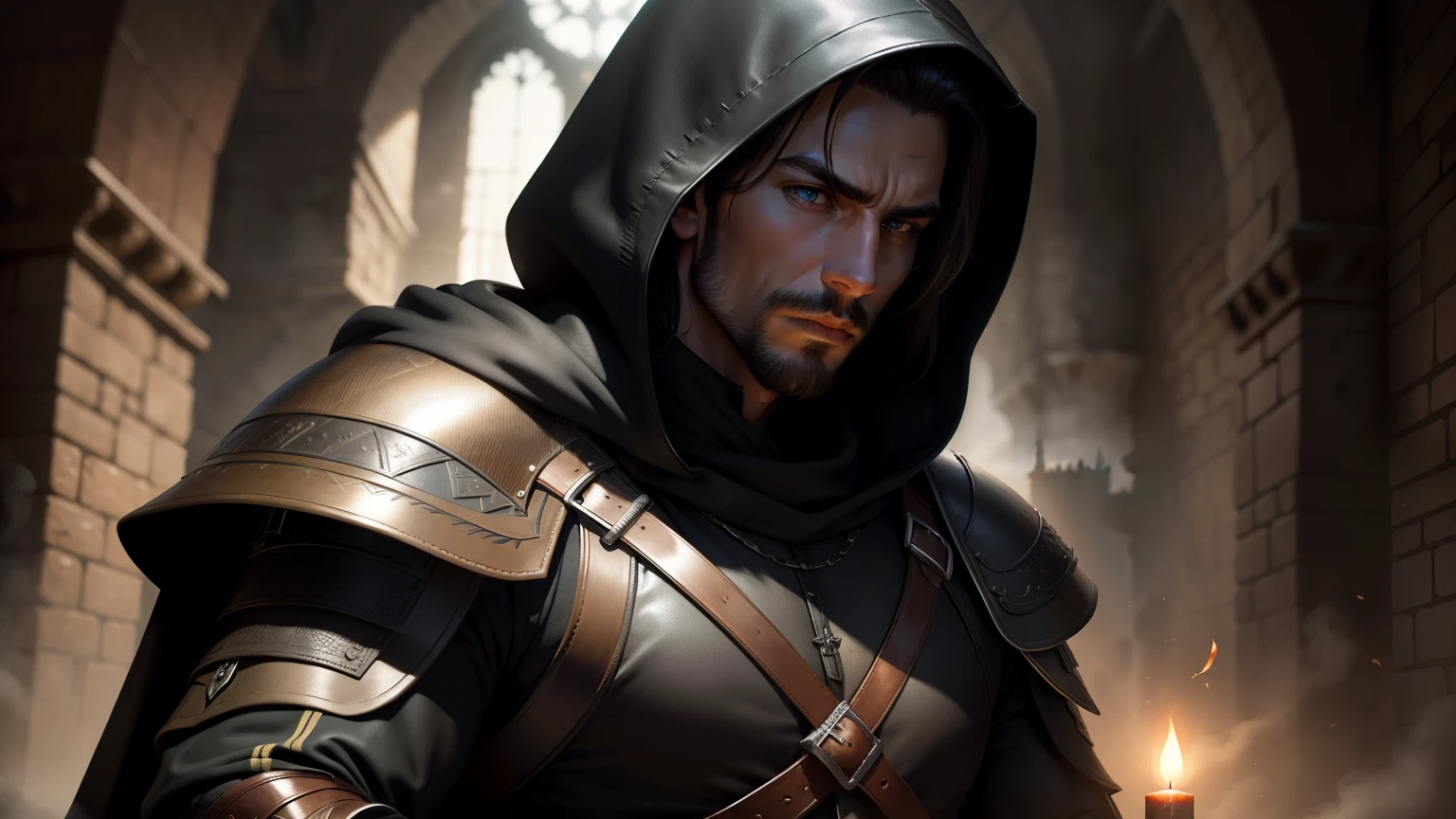(absurdres, highres, ultra detailed), 1 male, adult, handsome, high muscular face, broad shoulders, finely detailed eyes, short black hair, brown eyes, black cloak, wearing a hood, leather vest, leather bag at the waist, 2 daggers on the belt, castle, medieval atmofera, natural light and shadow, There are bright particles flying around the man, fantastic, mysterious, bright glow, seated pose, serious expression, cold, thoughtful, mouth shut