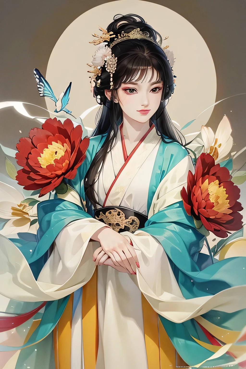An cheerful elegant  ancient Chinese beauty, wearing ancient Chinese clothing, long hair, hide hands in sleeves, lazy pose flowing tulle, light silk, big peony leaf, peony flower, ink painting style, clean color, butterflies,isive cut, blank space, masterpiece, super detailed , epic composition