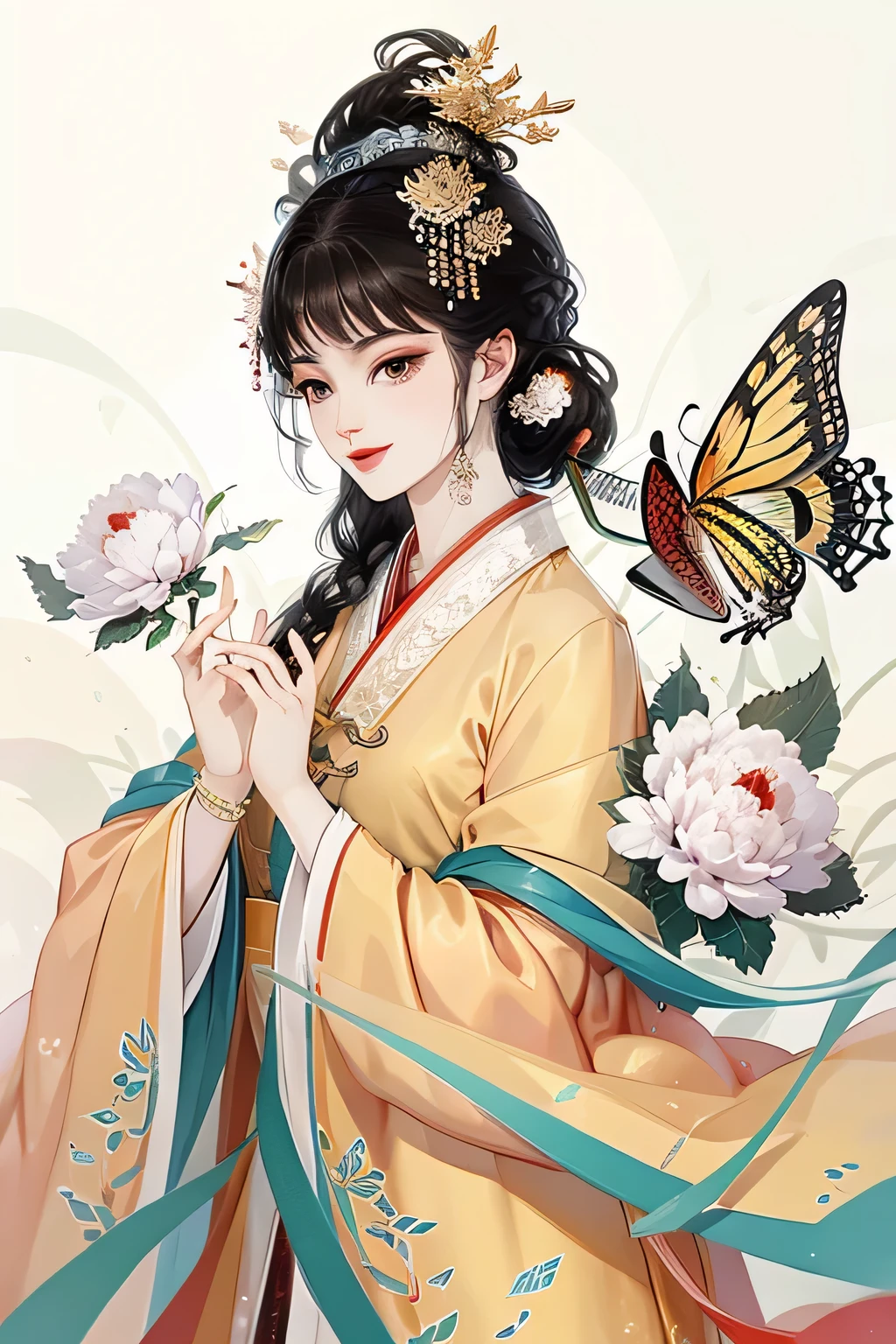 An cheerful elegant 16 years old ancient Chinese beauty, wearing ancient Chinese clothing, long hair, hide hands in sleeves, lazy pose flowing tulle, light silk, big peony leaf, peony flower, ink painting style, clean color, butterflies, decisive cut, blank space, masterpiece, super detailed , epic composition