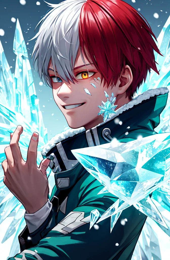 Kohei Horikoshi, 1 boy, bangs, (Perfect facial features: 1.4), (Mystical Magic Formation: 1.2), (Ice Crystal Scales), Blue Light, (Wings of Frost), Powerful Ice Magic, Icicles, Towering Clouds, Blue Cold Light, Ice Storm, Cold Wind, Flying Ice and Snow, Magnificent Effects, Best Quality, Masterpiece, Ultra High Resolution, Fine Detail, Complex Detail, 8K Resolution, 8K UCG Wallpaper, HDR, Aqua Blue, Magic Array, Cinematic Lighting, Chiaroscuro, Ray Tracing, NVIDIA RTX , My Hero Academia, Burn scar, Mouth closed, Coat, From the side, Goognog, Heterochromia, High Resolution, Jacket, Colorful hair, Red hair, Scars, Scars on the face, Smile, Solo, Todoroki Shoto, White hair, Winter clothing, Winter coat, Green in left eye, Burns around the left eye, gray right eye