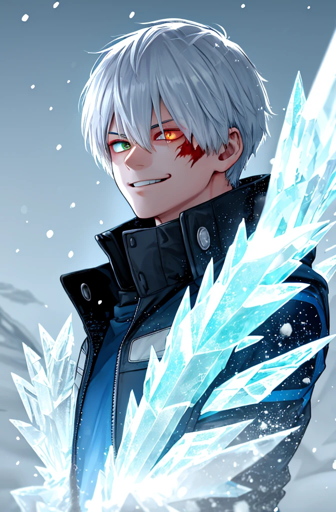 Kohei Horikoshi, 1 boy, bangs, (Perfect facial features: 1.4), (Mystical Magic Formation: 1.2), (Ice Crystal Scales), Blue Light, (Wings of Frost), Powerful Ice Magic, Icicles, Towering Clouds, Blue Cold Light, Ice Storm, Cold Wind, Flying Ice and Snow, Magnificent Effects, Best Quality, Masterpiece, Ultra High Resolution, Fine Detail, Complex Detail, 8K Resolution, 8K UCG Wallpaper, HDR, Aqua Blue, Magic Array, Cinematic Lighting, Chiaroscuro, Ray Tracing, NVIDIA RTX , My Hero Academia, Burn scar, Mouth closed, Coat, From the side, Goognog, Heterochromia, High Resolution, Jacket, Colorful hair, Red hair, Scars, Scars on the face, Smile, Solo, Todoroki Shoto, White hair, Winter clothing, Winter coat, Green in left eye, Burns around the left eye, gray right eye