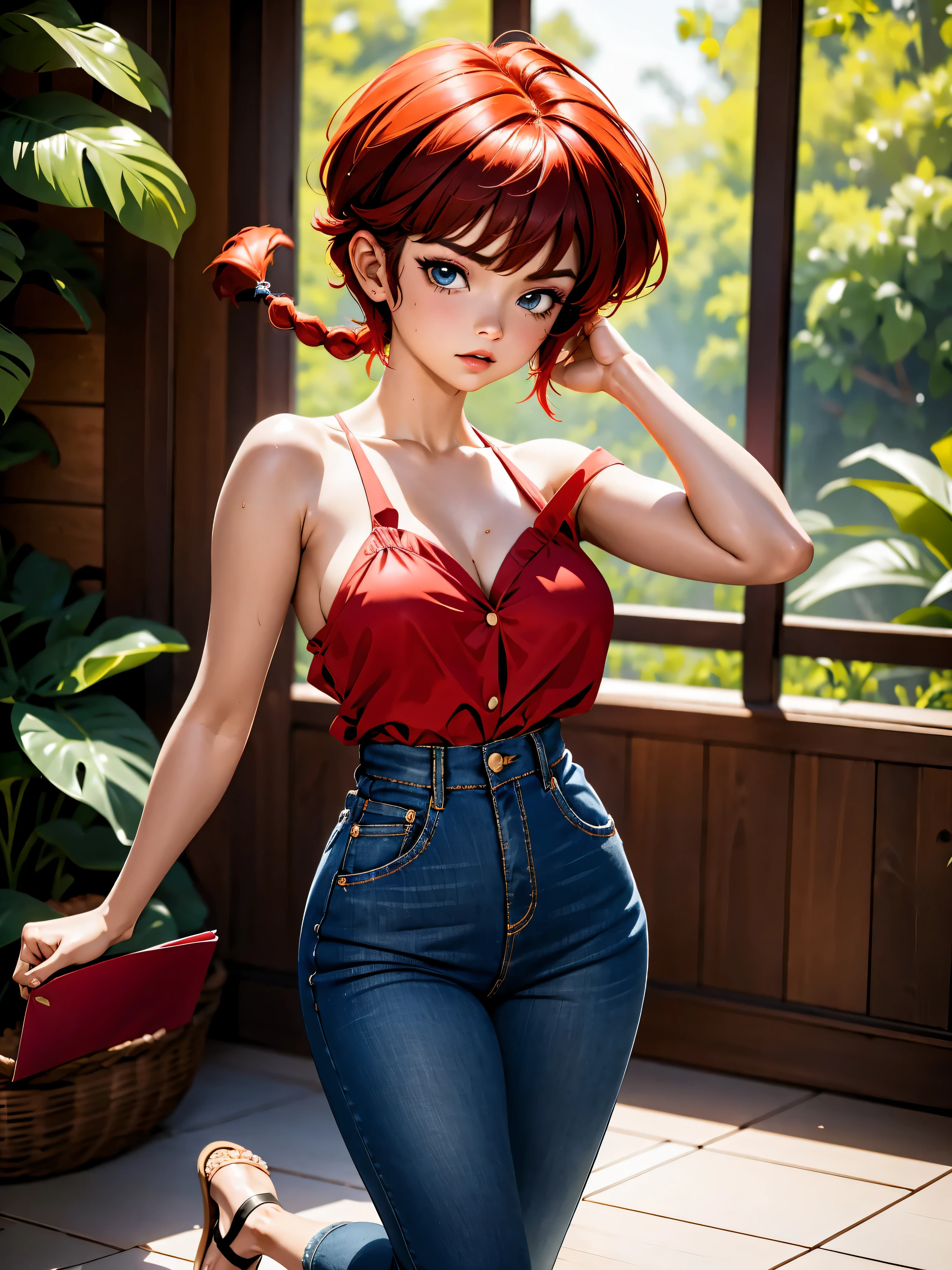 Garota anime ruiva com bermuda jeans e vestido vermelho red, saia, , corpo bonito, seios grandes, with hands behind head, running your hands through your hair, Garota sexy, red short hair with braid, mechas de cabelo laterais, mechas de cabelo na lateral do rosto, beautiful lighting, sombras suaves, olhos azuis, pernas bonitas, short hair with braid, estilo anime, Ranma Chan, Autora Rumiko Takahashi, Baseado em obra de Rumiko Takahashi, Anime Ranma 1/ 2, decote sexy, quadril robusto, corpo inteiro, corpo inteiro, busto grande, garota jovem com corpo belo e bonito tomando banho de chuva, sandals on his feet, garota 16 anosbaixa estatura, wearing jeans, garota anime, estilo anime, beautiful feet in sandals, ao ar livre, red hair braid, belos seios, oil bust