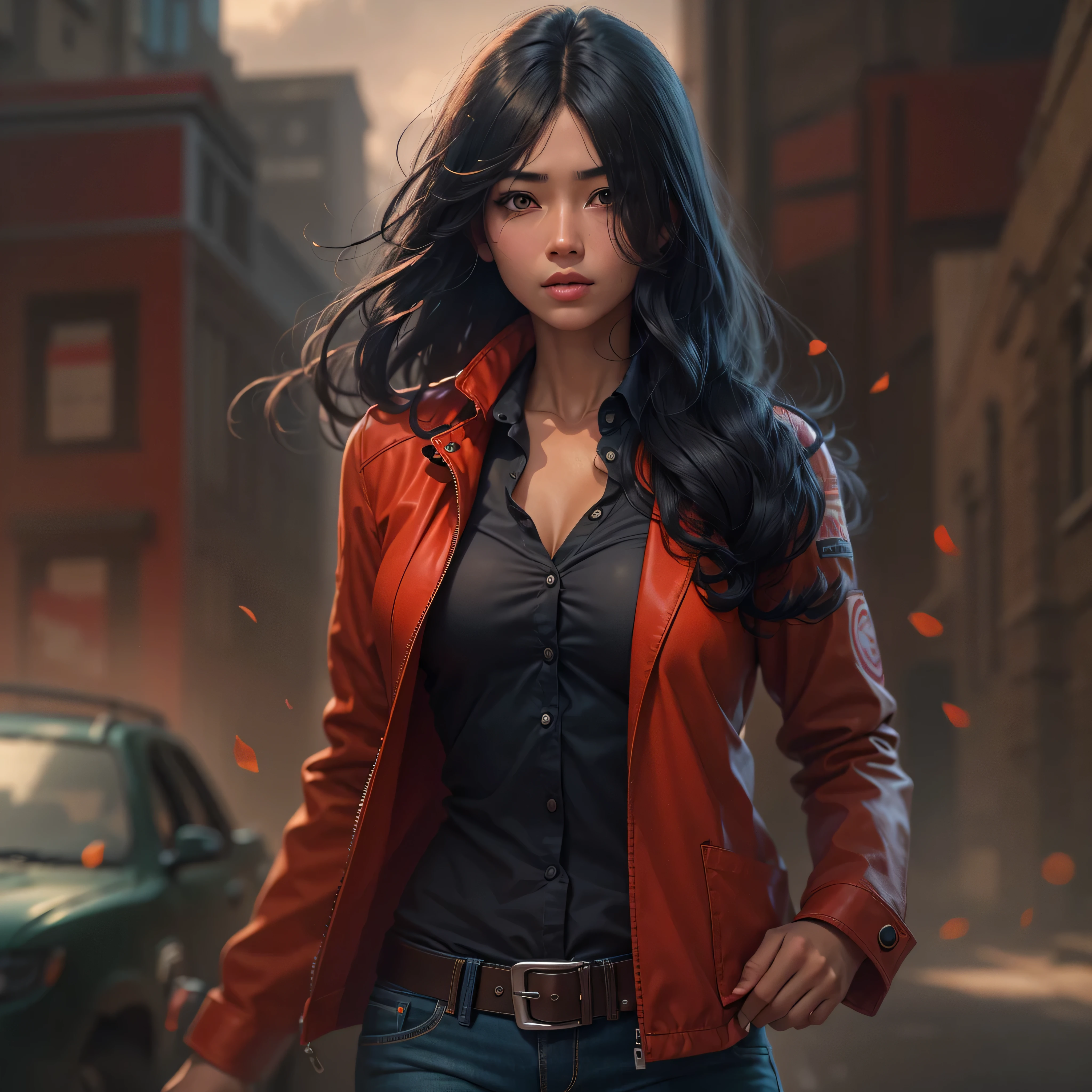 female detective, half indian half black, jeans, black shirt, red jacket, flowing black hair