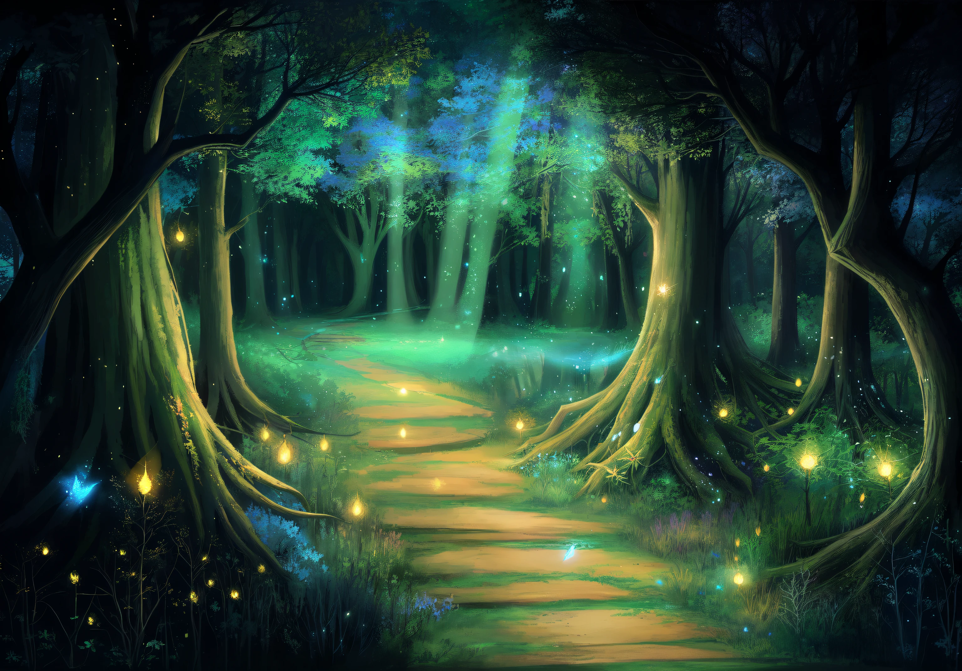 picture of a path through the forest with a bench, enchanted magical fantasy forest, magical forest backround, magical fantasy forest, magical fairy forest, enchanted and magical forest, fantasy forest, magical forest in the background, magical forest, glowing forest, Mystical forest lagoon, magical cleansing, magical forest with fireflies, fantasy forest background, magical forest, magical forest background
