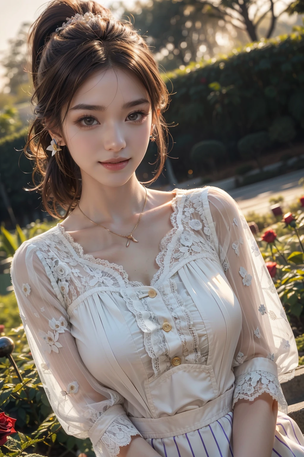((highest quality)),(Ultra-high resolution),(Very detailed),(Detailed Description),((The best CG)),(A masterpiece),Ultra-detailed art,Amazing drawing art,(Art with precise detail:1.5), (A woman wearing a white sleeveless blouse with lace:1.4),Lace choker:1.4,Earrings,Straight pants:1.4, Sunny European cityscape:1.6