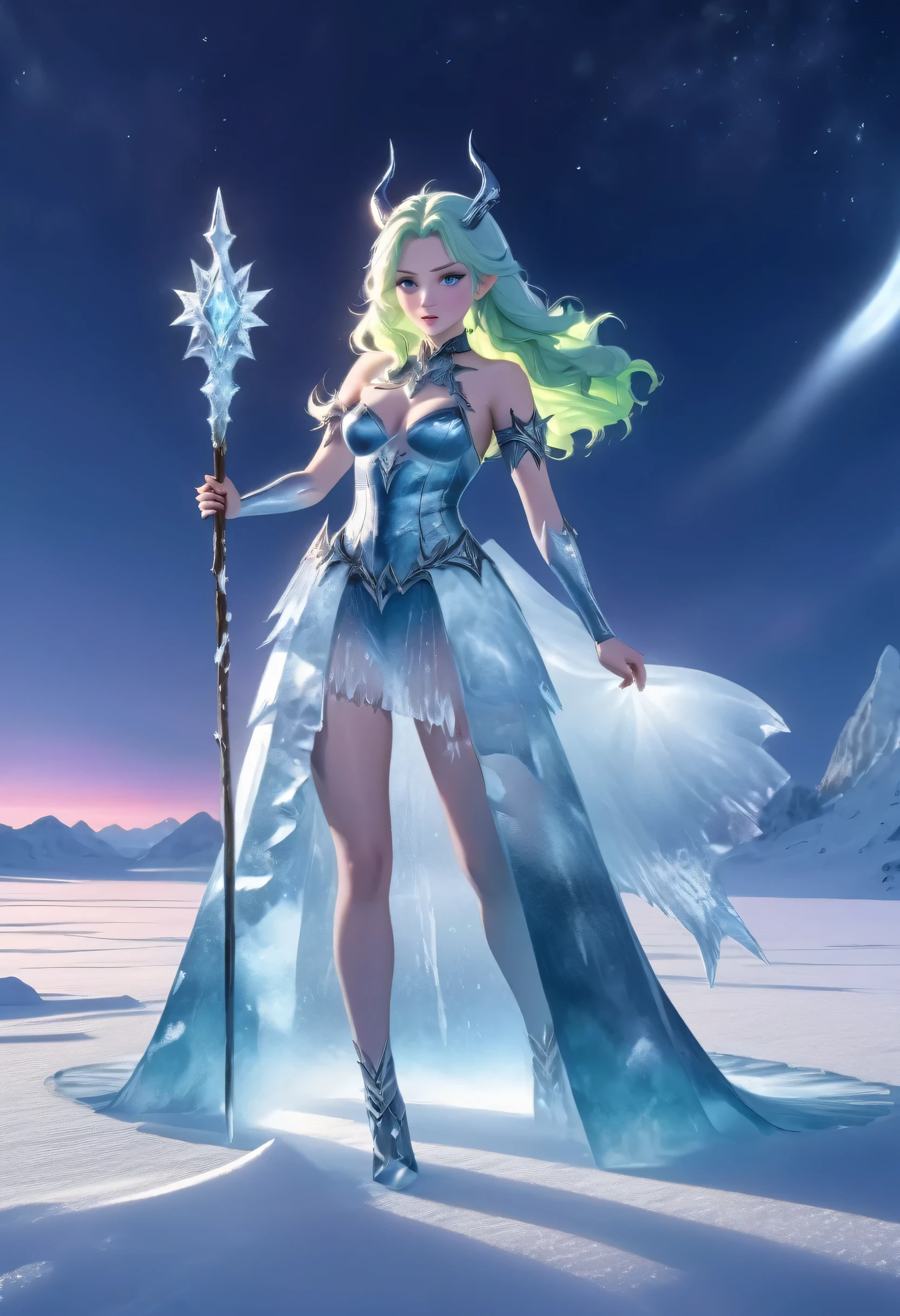 (8k, highest quality, masterpiece: 1.2), (realistic, realistic: 1.37), Super detailed, ((an ice female sexy demon:1))、Standing in the frozen snow field、Witch wearing pale armor, ((sexy costume:1)), SEXY female devil, ((aurora in the night sky)), 