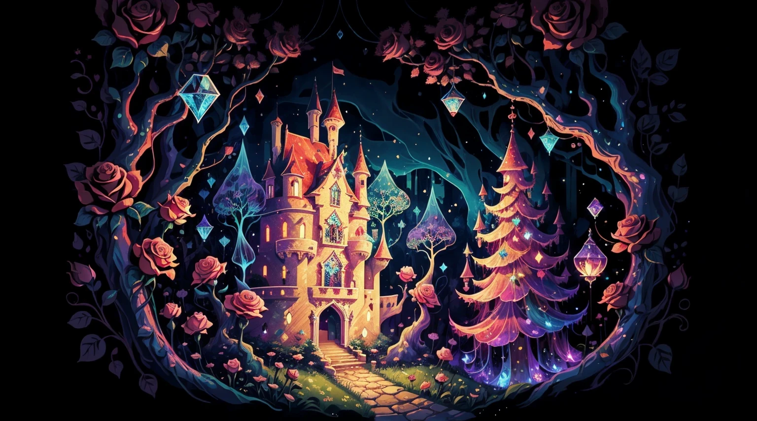 (Absurdres:1.2), exquisitely detailed Cartoon-style castle, roses and rubys, magical elements, mobile game, forest and plants, ethereal, a touch of magical elements, outlines of animals., abstract art, glitch, dripping paint style, holographic, cute00d