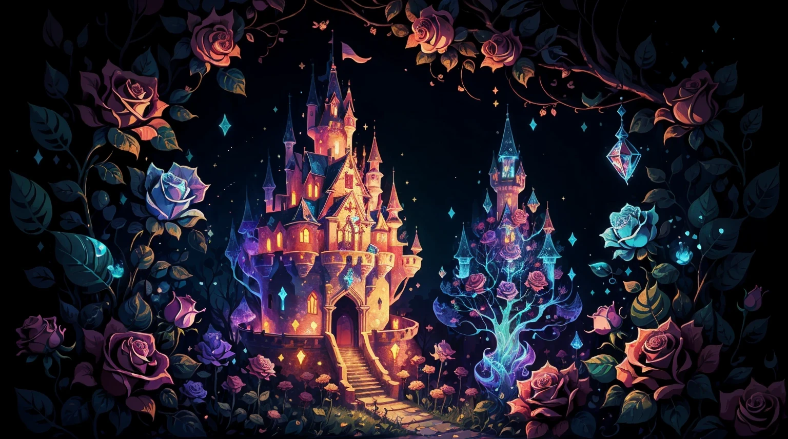 (Absurdres:1.2), exquisitely detailed Cartoon-style castle, roses and rubys, magical elements, mobile game, forest and plants, ethereal, a touch of magical elements, outlines of animals., abstract art, glitch, dripping paint style, holographic, cute00d