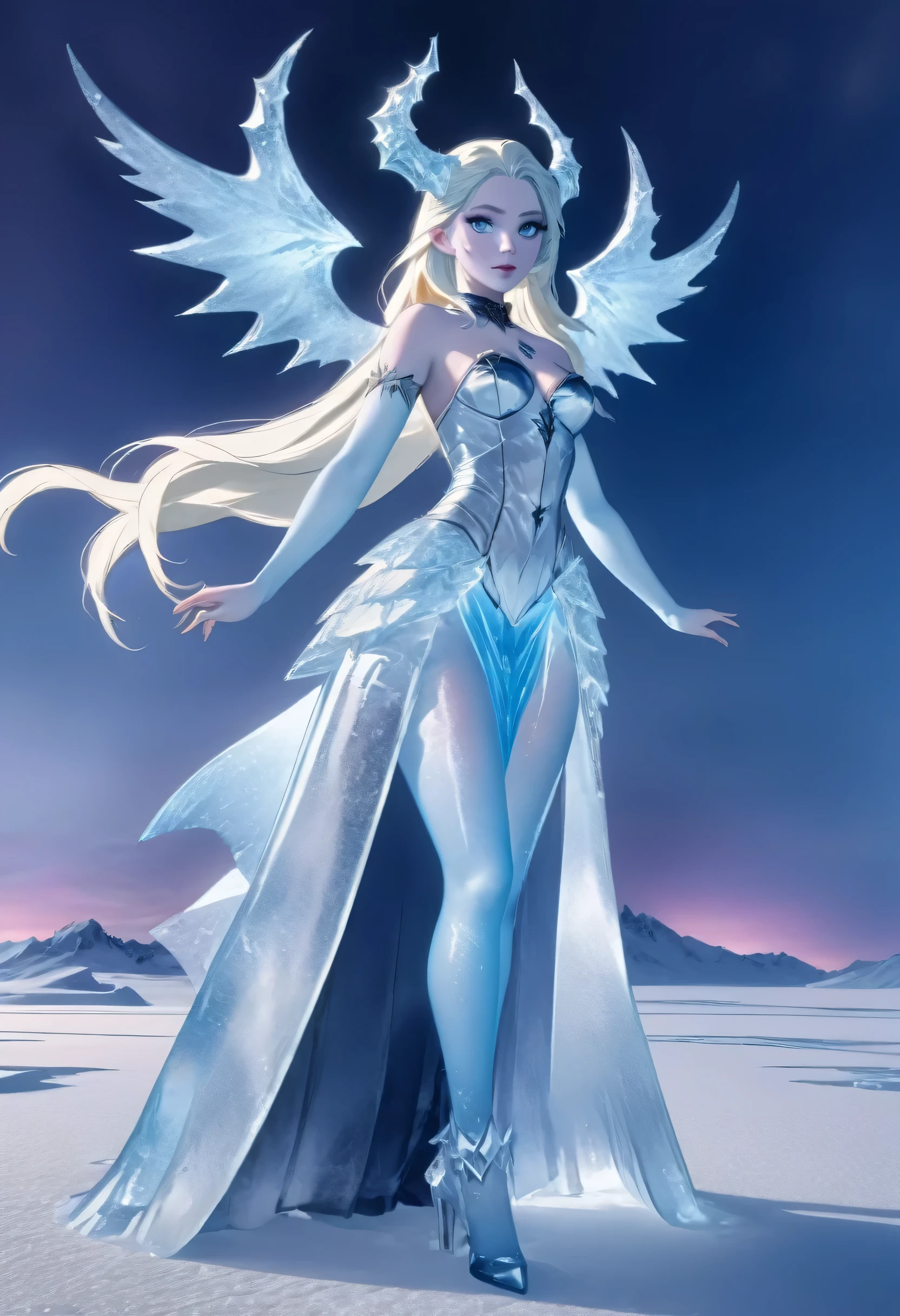 (8k, highest quality, masterpiece: 1.2), (realistic, realistic: 1.37), Super detailed, ((an ice female sexy demon:1))、Standing in the frozen snow field、Witch wearing pale armor, ((sexy costume:1)), SEXY female devil, ((aurora in the night sky)),  ((pale blue skin:1))