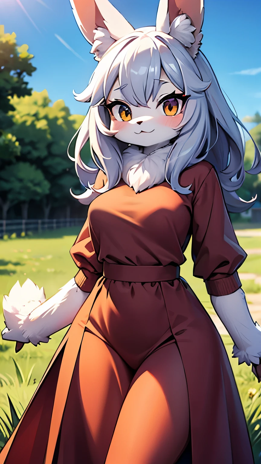 funny furry images, super deformed character, best quality, super fine, 16k, incredibly absurdres, extremely detailed, cute anthropomorphized rabbit beast-woman, wearing loose and fluffy dress, loose and fluffy sweater, loose and fluffy long skirt, dull ivory and khaki color, hiding in the bushes of the grassland, peeking out, BREAK , background variety of visual styles that combine various artistic elements like a sparkling iridescent pastel and vivid colors