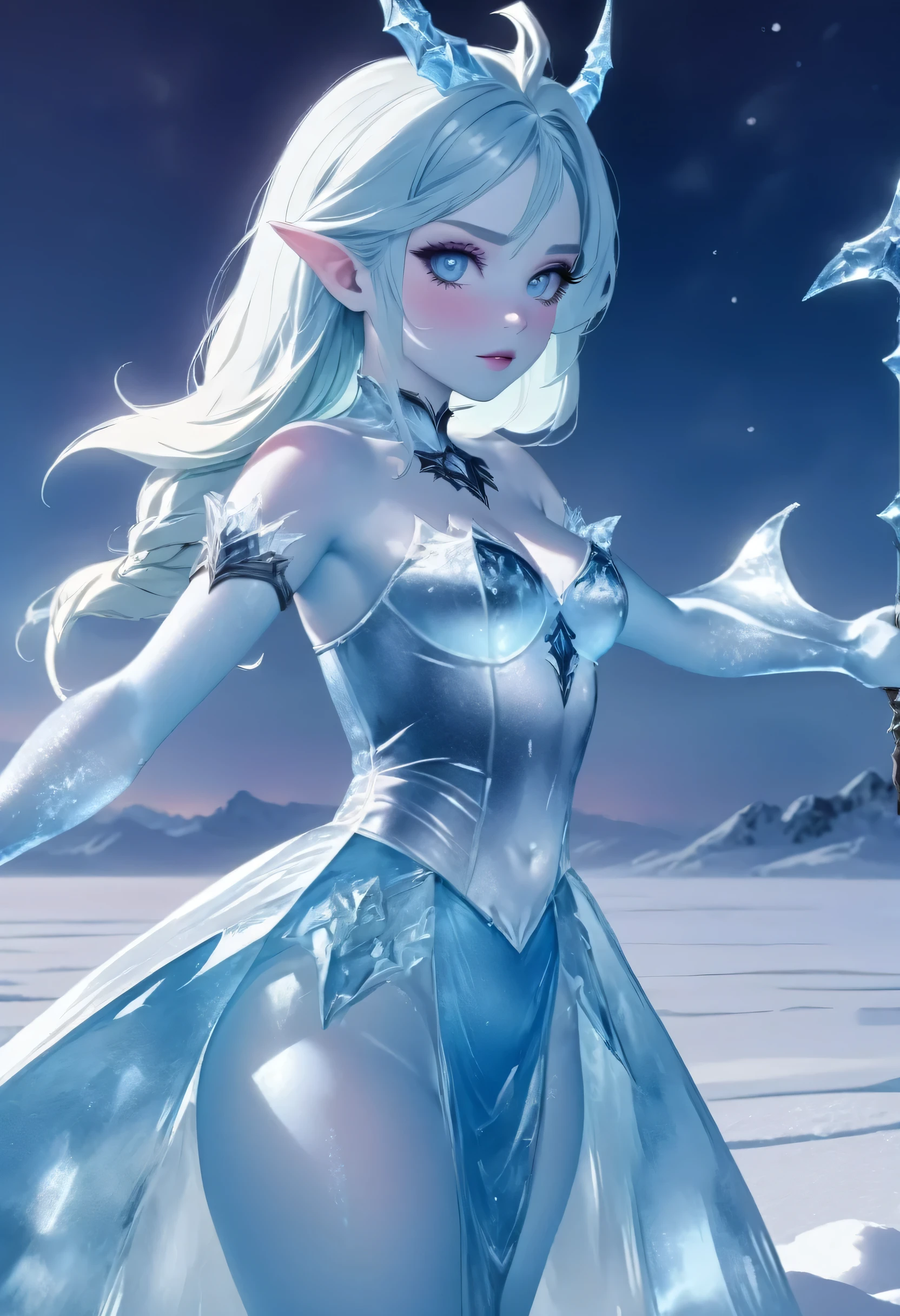 (8k, highest quality, masterpiece: 1.2), (realistic, realistic: 1.37), Super detailed, ((an ice female sexy demon:1))、Standing in the frozen snow field、Witch wearing pale armor, ((sexy costume:1)), SEXY female devil, ((aurora in the night sky)), ((pale blue skin:1))