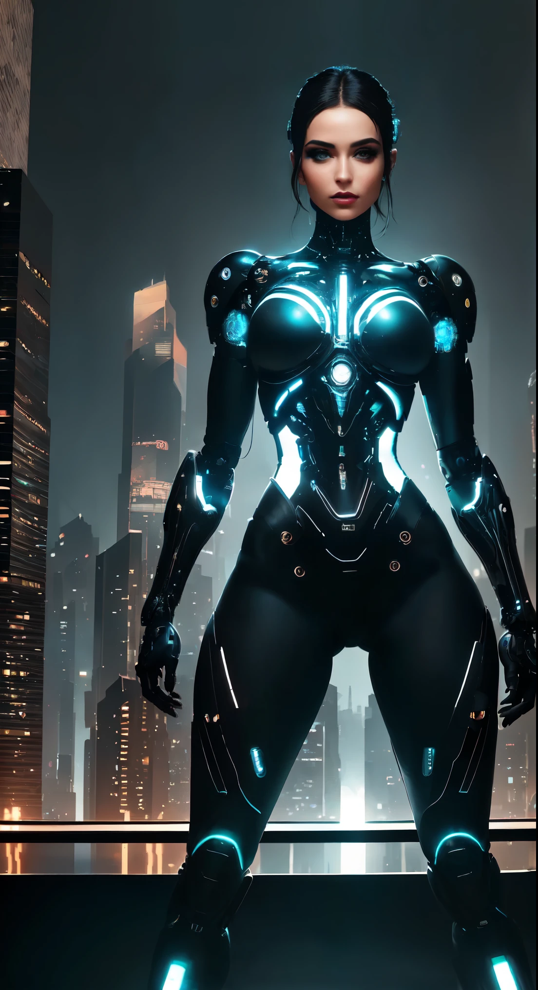 A female cyborg stands in a private reception area, surrounded by the breathtaking skyline of a bustling metropolis. The room is decorated with avant-garde art installations, lighting up the space with vibrant colors and dynamic patterns. The cyborg is dressed in an extravagant, futuristic outfit that accentuates her slender, perfectly proportioned body. Her figure is sculpted with intricate details, showcasing the magnificent anatomy of a technological marvel. The focus is mainly on her upper body, with the frame elegantly cropping at the waist, highlighting her slim physique and beautiful curves.

Her face exudes an ethereal beauty, adorned with a blend of delicate mechanical features and flawless human traits. The eyes are enchantingly detailed, delicately crafted with a mix of vivid colors and hyper-realistic textures. They sparkle with a mysterious charm and captivate anyone who gazes into them. The lips are impeccably defined, displaying a soft, natural shade that complements her overall appearance. The cyborg's complexion features hyper-detailed natural skin textures, illuminated by a soft, diffused light that accentuates her flawless complexion.

The room is bathed in a mesmerizing HDR lighting, creating a dream-like atmosphere with a perfect balance of shadows and highlights. The intricate details of the surrounding environment are emphasized through hyper-detailing techniques, bringing out every little aspect in breathtaking clarity. The textures and materials of the room are rendered with utmost precision, showcasing a wide range of luxurious surfaces, from sleek glass panels to reflective metal accents.

The overall mood of the image is a blend of futuristic decadence and sophistication. The colors are vibrant and vivid, with a touch of surrealism that adds depth and visual interest to the scene. The composition is carefully arranged to create a sense of balance and harmony, with the cyborg serving as the focal point amidst the grandeur of the cityscape.