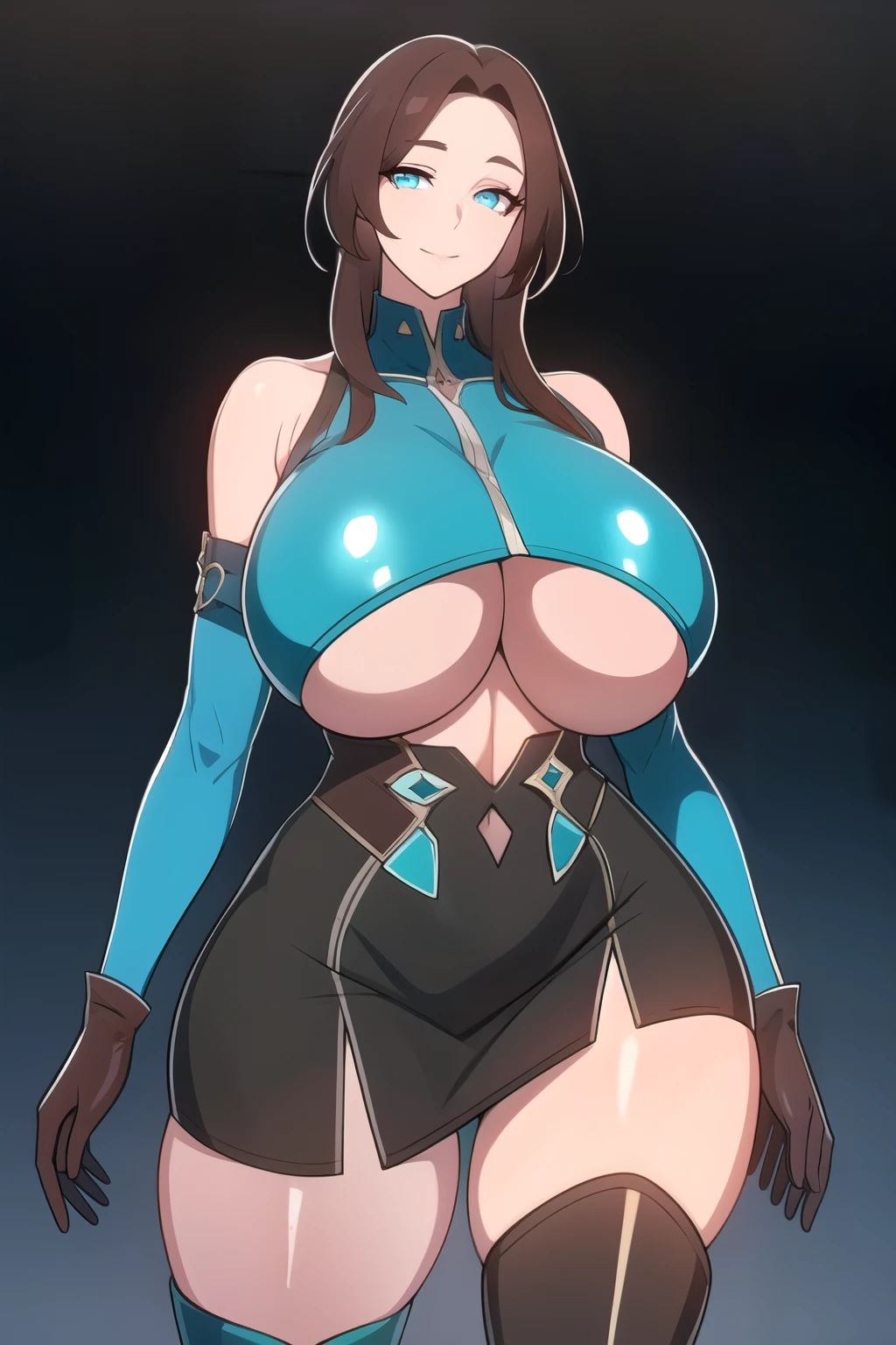 masterpiece, best quality, absurdres, 8k, perfect shadows,perfect lighting,hdr, cowboy shot,shiny skin,skindentation, beautiful body, kafka, ((brown hair: 1.4)), long hair, (turquoise eyes: 1.4),  (crop top, (underboob : 1.1), elbow gloves, thigh boots, split skirt, bare shoulders, curvy, midriff, curvy, thighs, higheels, shiny clothes), complex detailed background, inside, luxury palace) (gigantic breasts,hourglass body, thin waist,very slim waist)extremely detailed face,detailed eye makeup, detail face, nice detailed eyes,nice hands, perfect hands (realistic pupils,realistic iris:1) heavy eye makeup,glowing eyes, Bright eyes,standing,standing at attention,(seductive smile), (gigantic breasts: 1.1) , curvy, cowboy shot, 