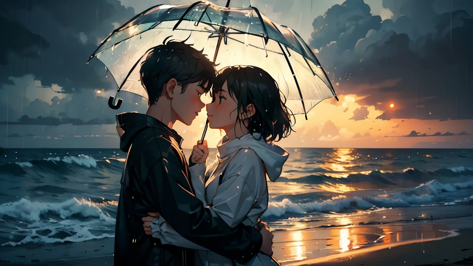 (Masterpiece, High Quality, a boy and a girl:1.5), Rainy Seaside, (One boy, One girl), Umbrella in hand, Rain-soaked Hair, Drenched Clothes clinging to their bodies, (Tight hug), Close-up shot, (Moody atmosphere), Cinematic lighting, Gray Sky, Reflections on wet sand, (Soft Focus), Detailed reflections on boy's and girl's eyes, Raindrops on their faces, Waves crashing on shore in the background, (Warm colors), Couple's breath visible in the cold rain, (Emotional), (Love story)