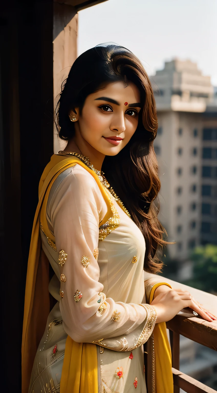 (Rhea Chakraborty:0.3), (Alia Bhatt:0.6), (Kriti Sanon:0.7), ((realistic portrait of a beautiful mature Indian college girl:1.5)), (highly detailed face:1.4, smile), ((effortlessly donning a messy bun hairstyle)), ((slim, flawless complexion, perfect eyes, long flowing brunet hair, skin pores texture)), (wearing beautiful shalwar qameez:1.5), (flirting with the camera:1.5), (standing in a balcony), (Ultra realistic illustration), hyper realistic, sharp focus, unreal engine, photorealistic, photo, masterpiece, realism, photorealism, high contrast, by lee jeffries, nikon d850, film stock photograph, 4 kodak portra 400, camera f1.6 lens, rich colors, hyper realistic, lifelike texture, natural lighting , cinestill 800, depth of field