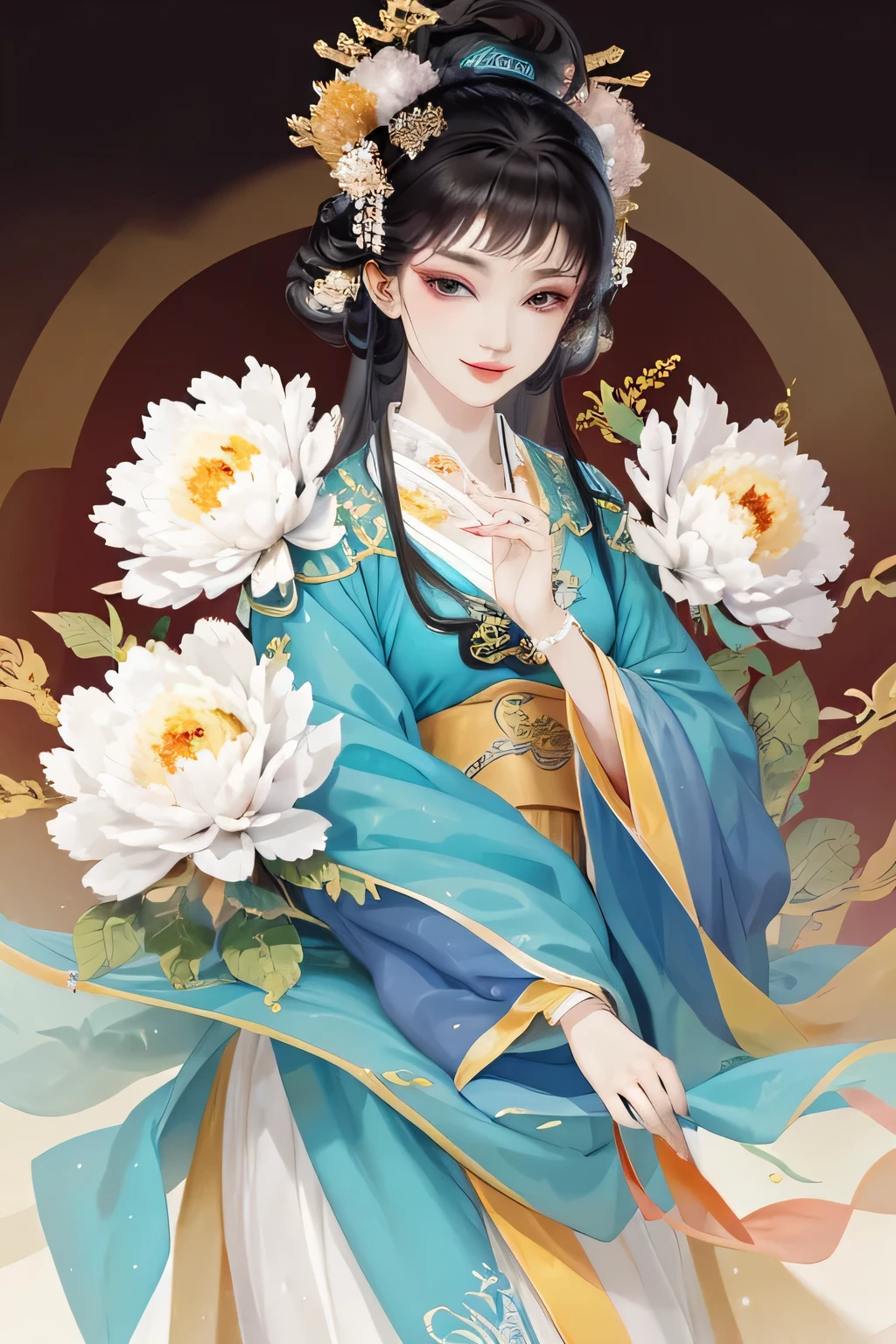 An cheerful elegant  ancient Chinese beauty, wearing ancient Chinese clothing, long hair, hide hands in sleeves, lazy pose flowing tulle, light color silk, big peony leaf, peony flower, ink painting style, clean color, decisive cut, blank space, masterpiece, super detailed , epic composition, bright background