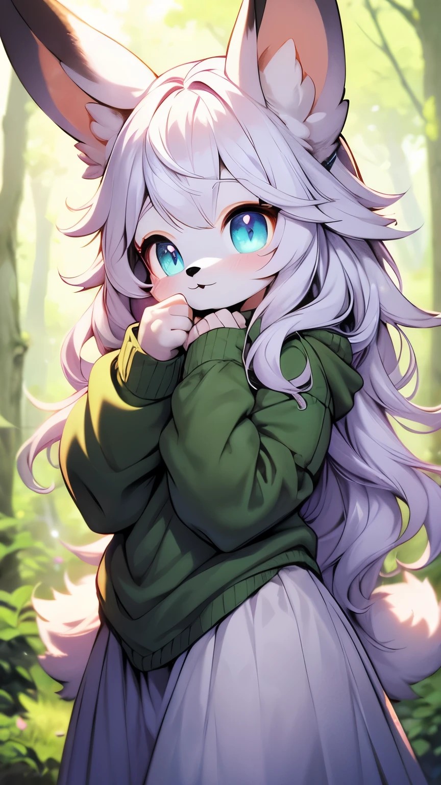 funny furry images, super deformed character, best quality, super fine, 16k, incredibly absurdres, extremely detailed, cute anthropomorphized rabbit beast-woman, wearing loose and fluffy dress, loose and fluffy sweater, loose and fluffy long skirt, dull ivory and khaki color, hiding in the bushes of the grassland, peeking out, BREAK , background variety of visual styles that combine various artistic elements like a sparkling iridescent pastel and vivid colors