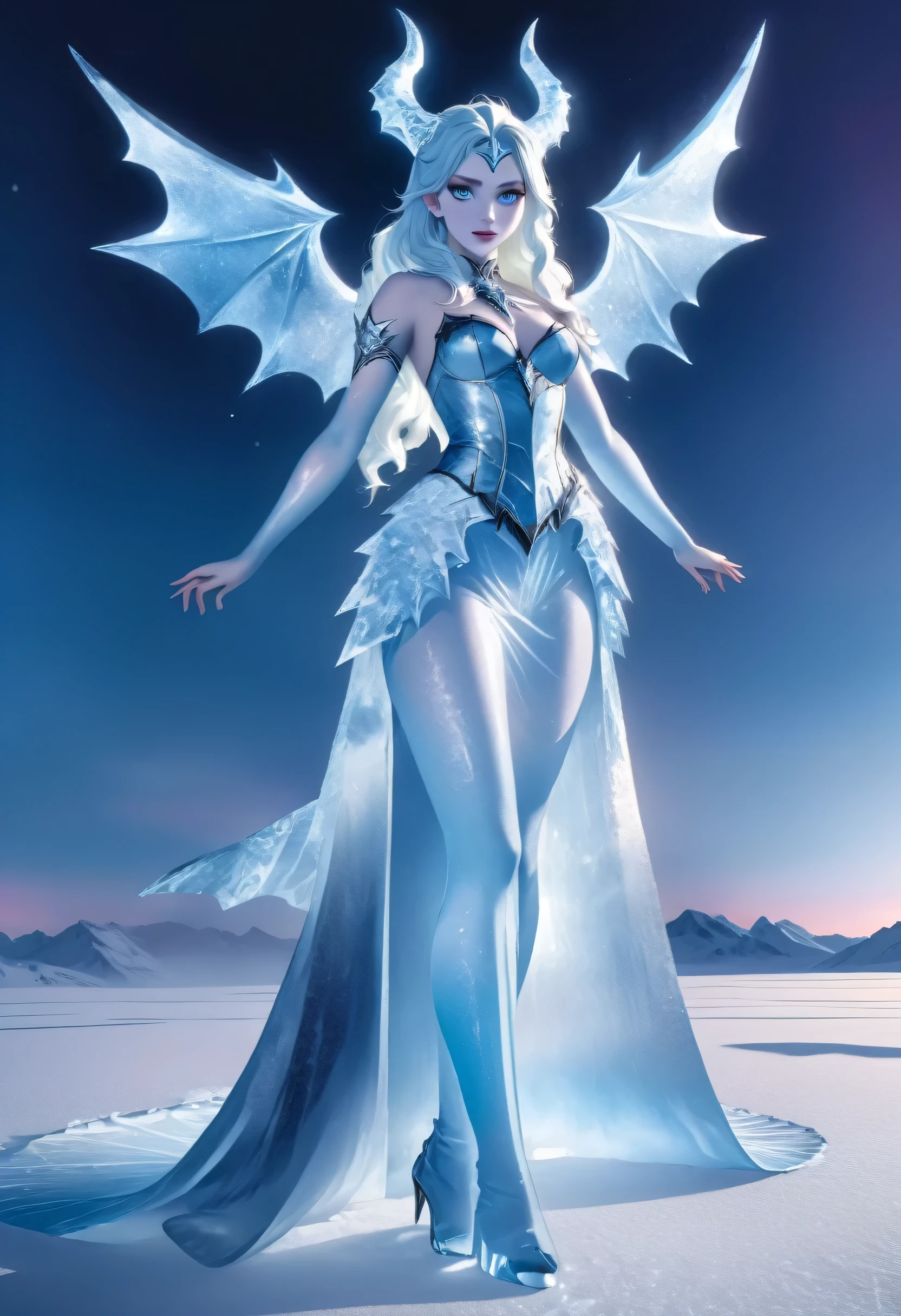 (8k, highest quality, masterpiece: 1.2), (realistic, realistic: 1.37), Super detailed, ((an ice female sexy demon:1))、Standing in the frozen snow field、Witch wearing pale armor, ((sexy costume:1)), SEXY female devil, ((aurora in the night sky)), ((pale blue skin:1))