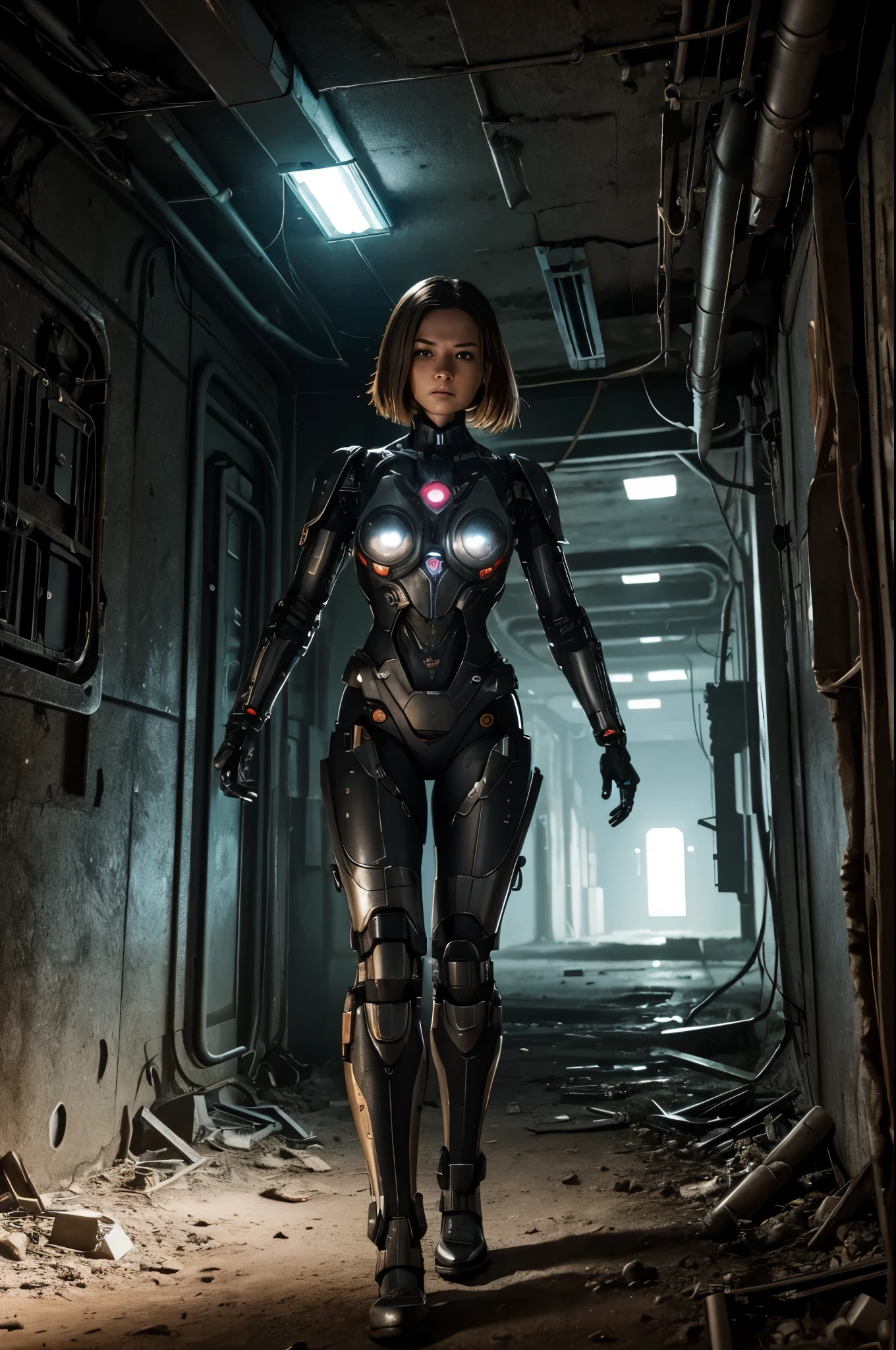 A female cyborg with superhuman abilities slowly makes her way through a dark, abandoned bunker. Her metal joints and titanium limbs carry her almost silently forward, deep into the mysterious structure left behind by mankind many years ago.
Scanners embedded in her eyes scrutinize every nook and cranny, looking for signs of danger or valuable information. Her enhanced hearing picks up the slightest rustle, ready to react to any unexpected movement. Her synthetic skin is virtually desensitized, protecting her from possible attacks.
With each step, the cyborg moves deeper into the bunker. The corridors are filled with dust and cobwebs, the once functional control panels now covered in rust. Cyborg notices signs of other creatures, perhaps other cyborgs or mutated creatures that used to inhabit this dungeon.
A growing sense of unease causes her to proceed more cautiously. She is ready to activate her built-in weapon systems at a moment's notice to fight back against any unexpected threat. Her attention is fully focused on exploring the bunker, scanning every corner for valuable information that might shed light on what happened in this mysterious place., 4K, 8k